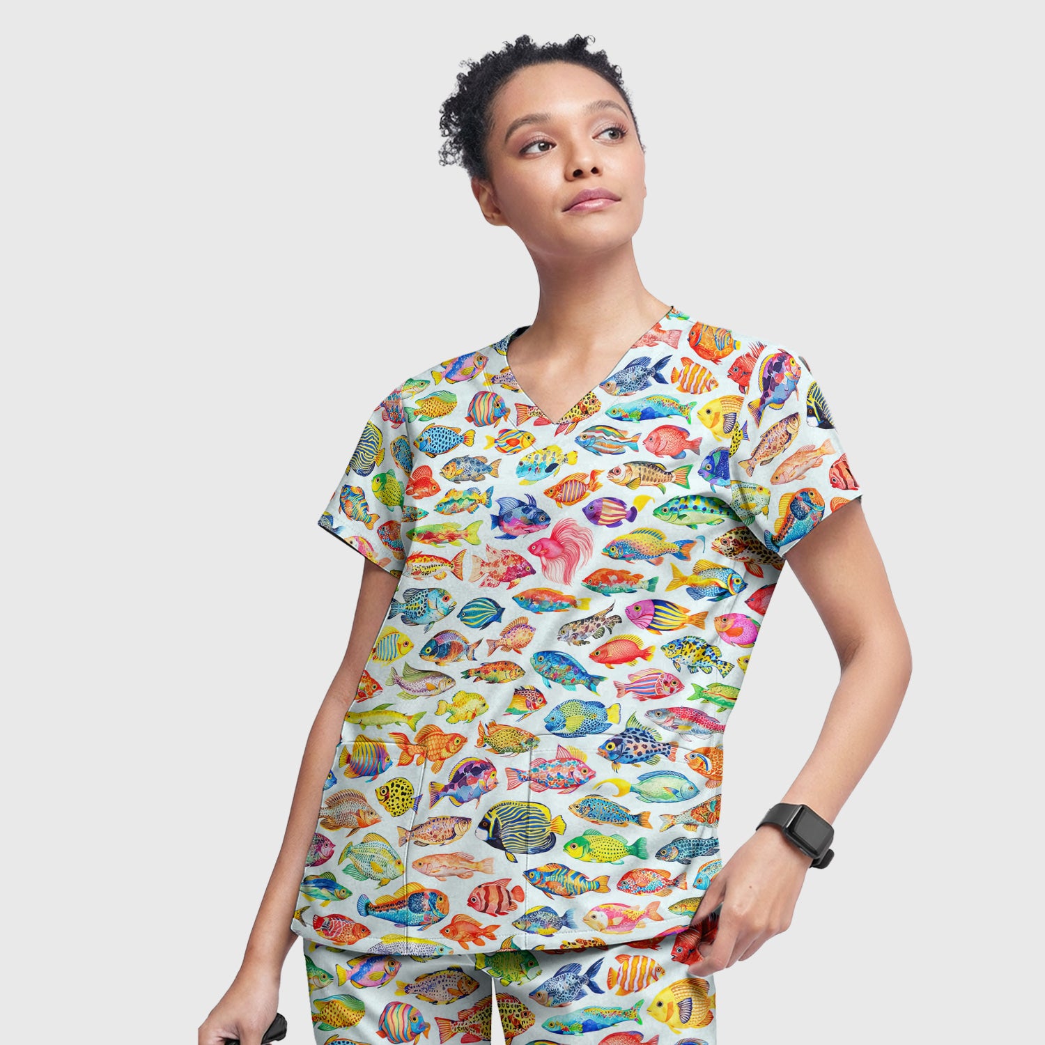 Colorful Tropical Fish Pattern Scrub Set, Scrub Pants and V Neck Top