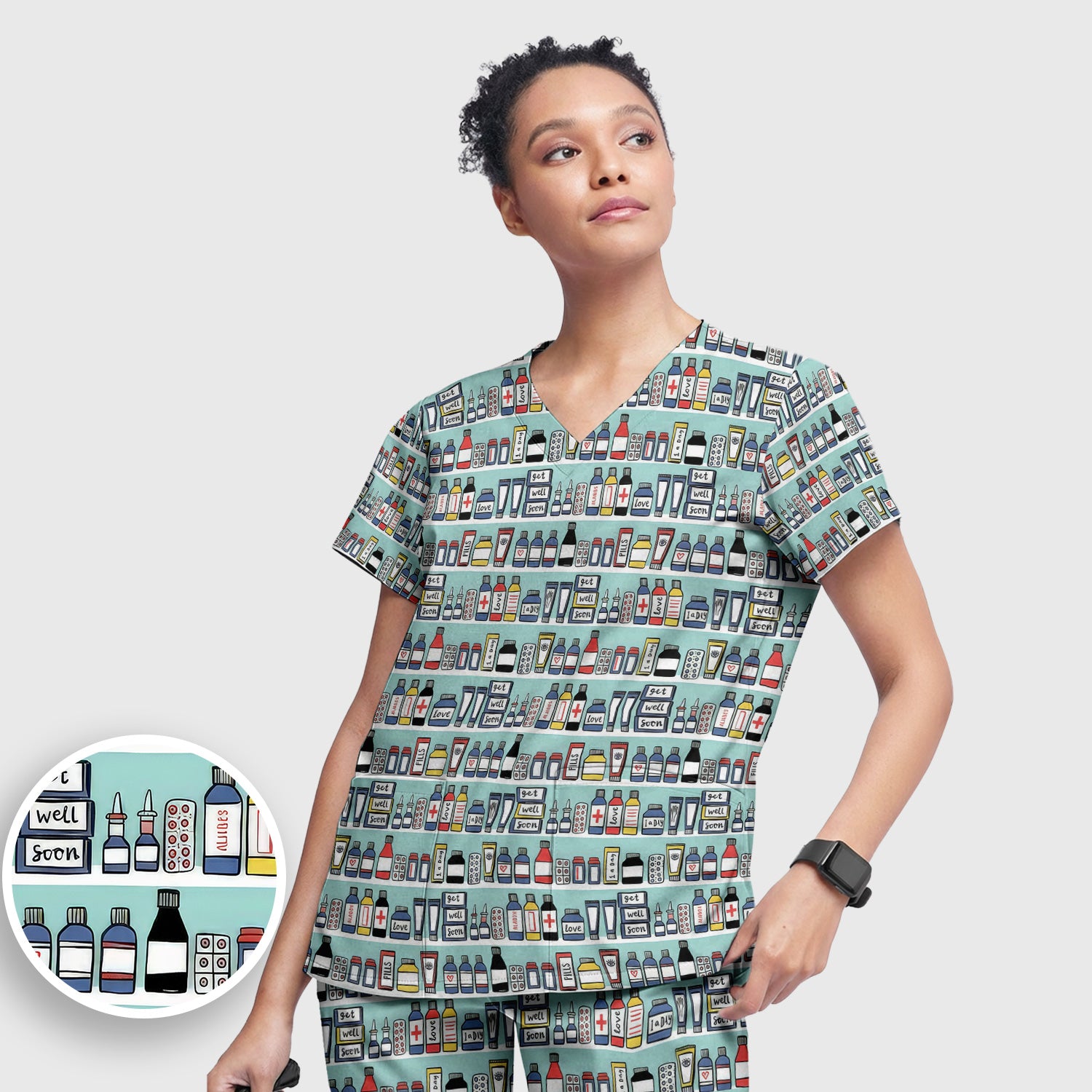 Medicine Bottle Pharmacy Pills Care Pattern Scrub Set, Scrub Pants and V Neck Top