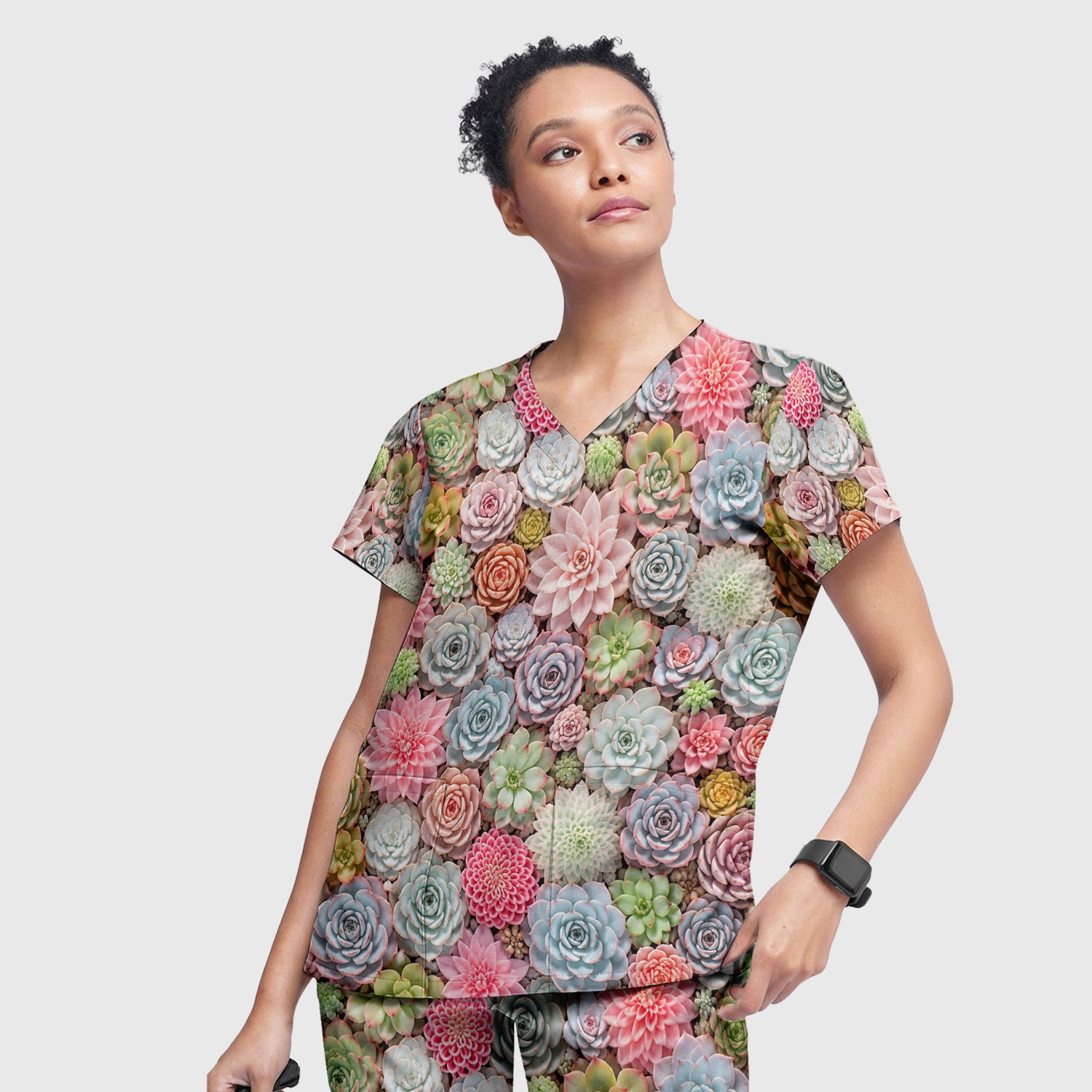 Cute Pastel Succulent Blossom Pattern Scrub Set, Scrub Pants and V Neck Top