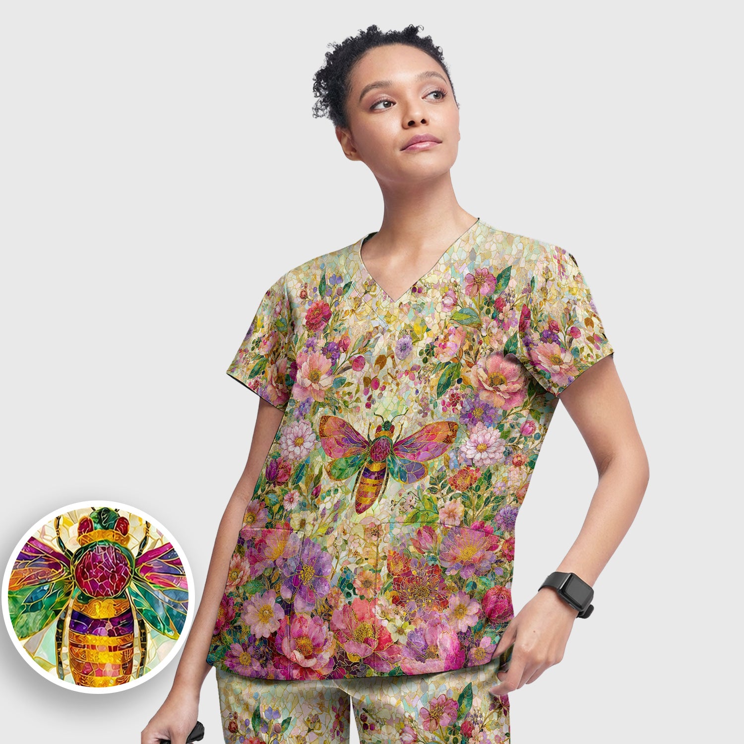 Vibrant Mosaic Bee Nurse for RN, CNA, Floral Garden Medical Scrub Set, Scrub Pants and V Neck Top