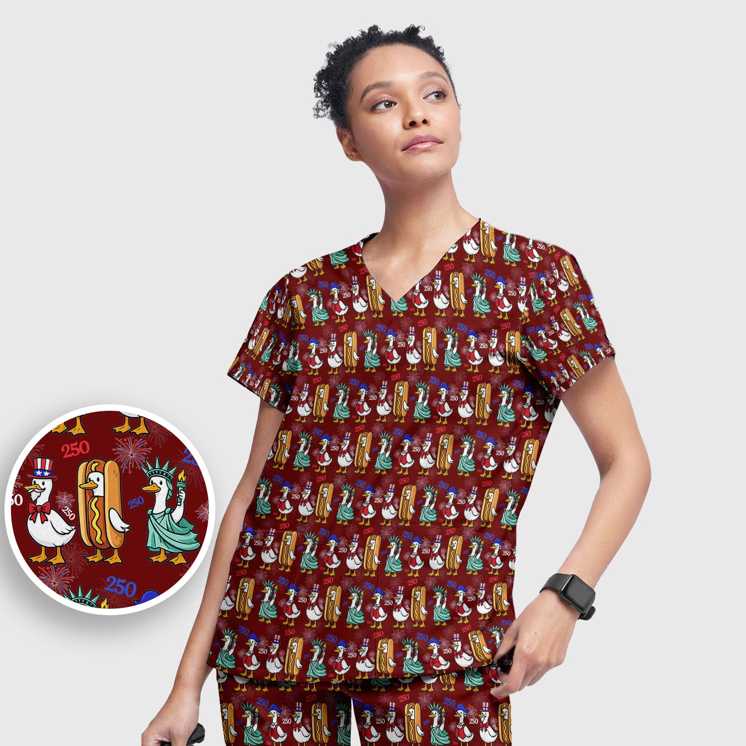 Patriotic Duck Independence Day Pattern Scrub Set, Scrub Pants and V Neck Top