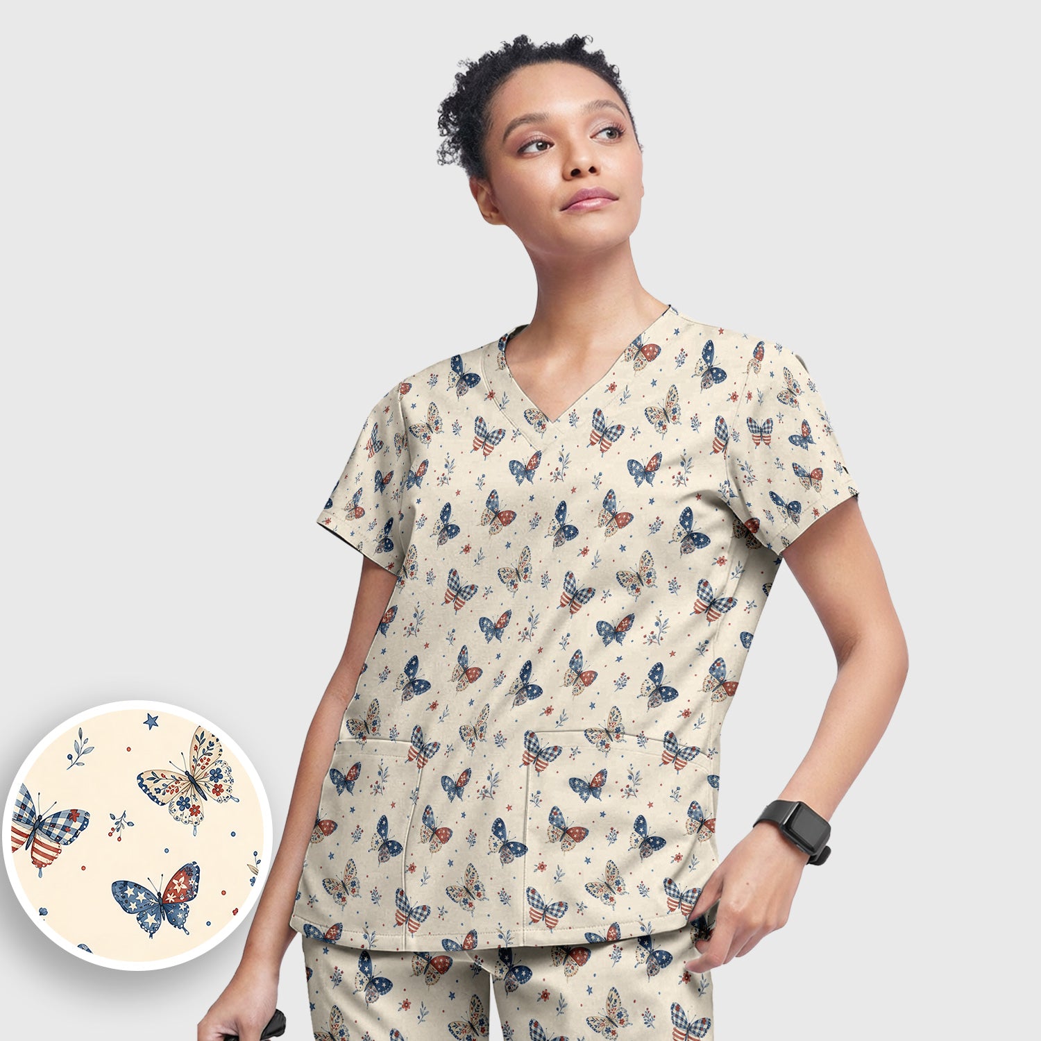Fourth Of July Butterfly Print Scrub Set, Scrub Pants and V Neck Top