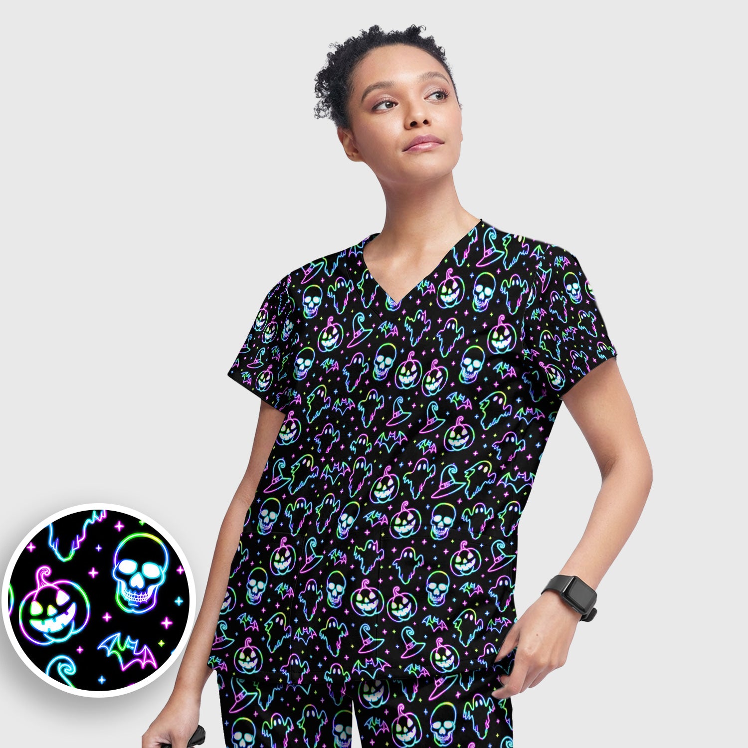 Pumpkin Skull Spooky Print Scrub Set, Scrub Pants and V Neck Top