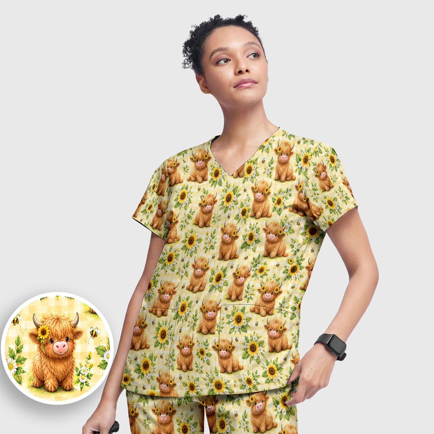 Sunflower Highland Cow And Bee Pattern Scrub Set, Scrub Pants and V Neck Top