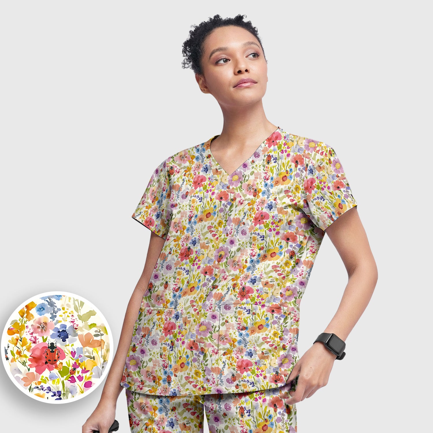 Cute Wildflower Ladybug Garden Pattern Scrub Set, Scrub Pants and V Neck Top