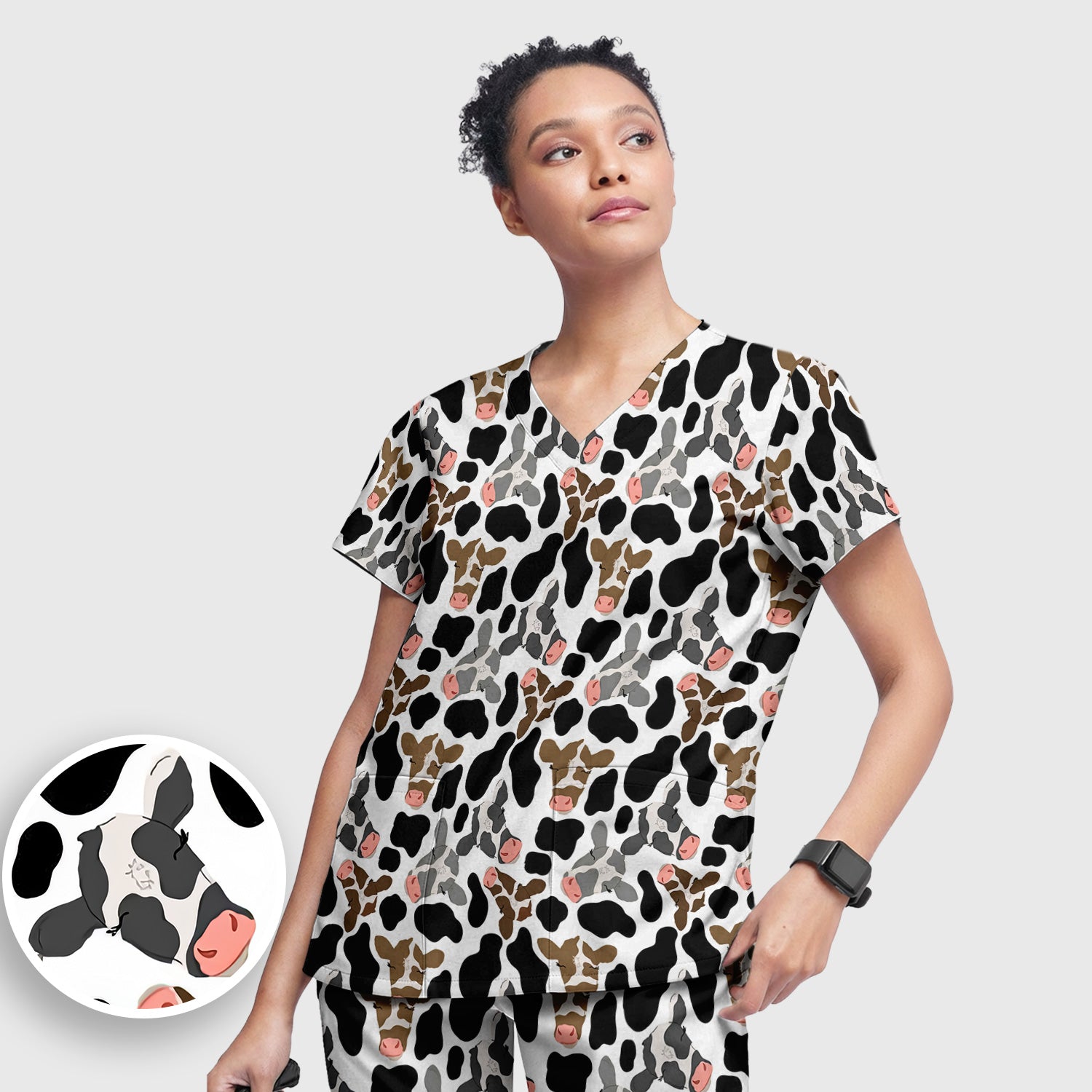 Cute Cow Face Black White Pattern Nurse Scrub Set, Scrub Pants and V Neck Top