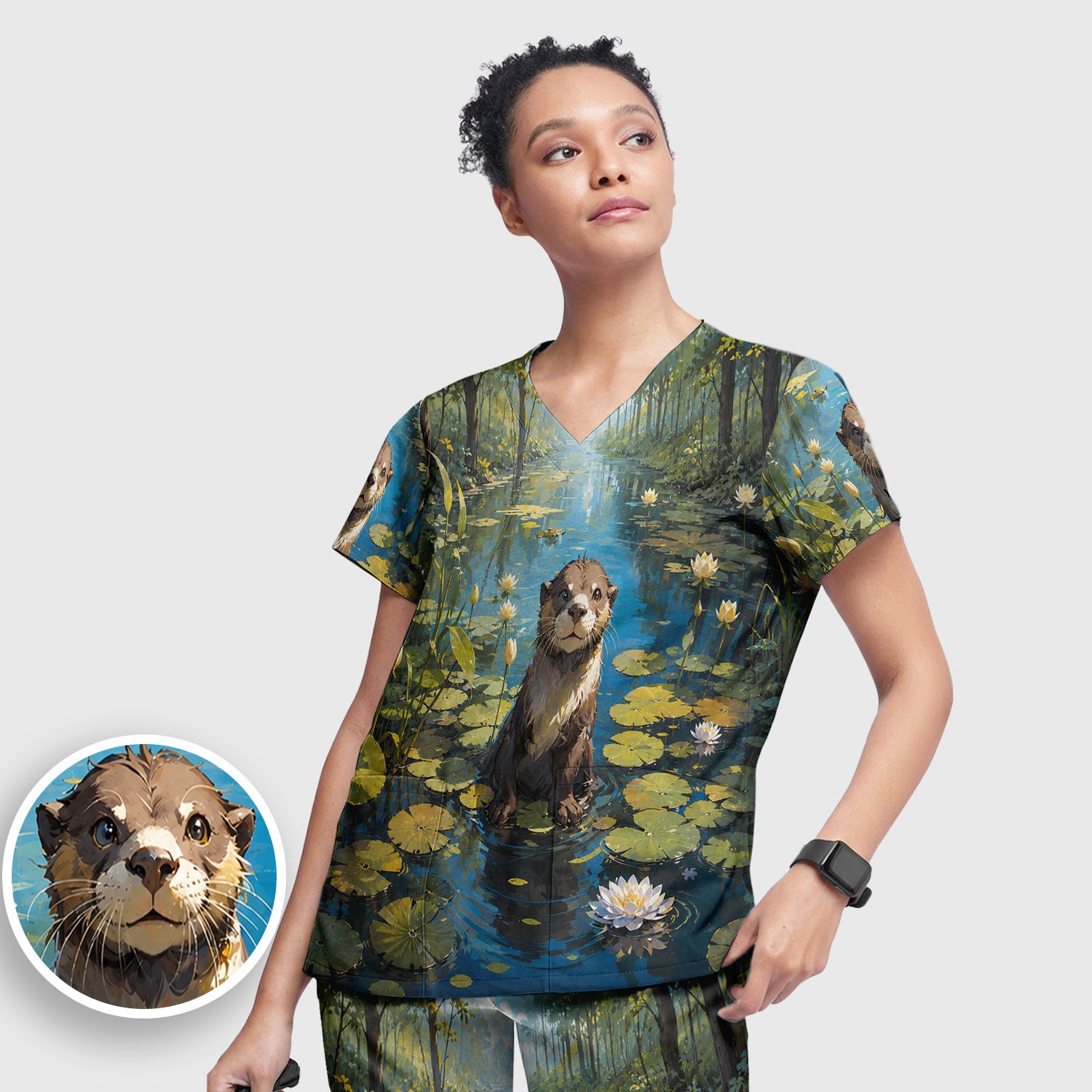 Cute Otter Pond Pattern Scrub Set, Scrub Pants and V Neck Top