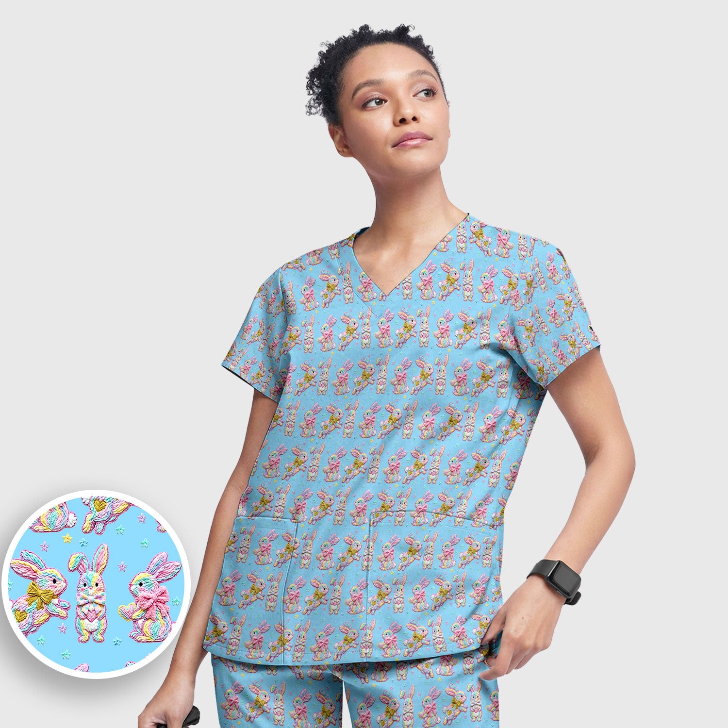 Cartoon Bunny All Over Print Set, Scrub Pants and V Neck Top