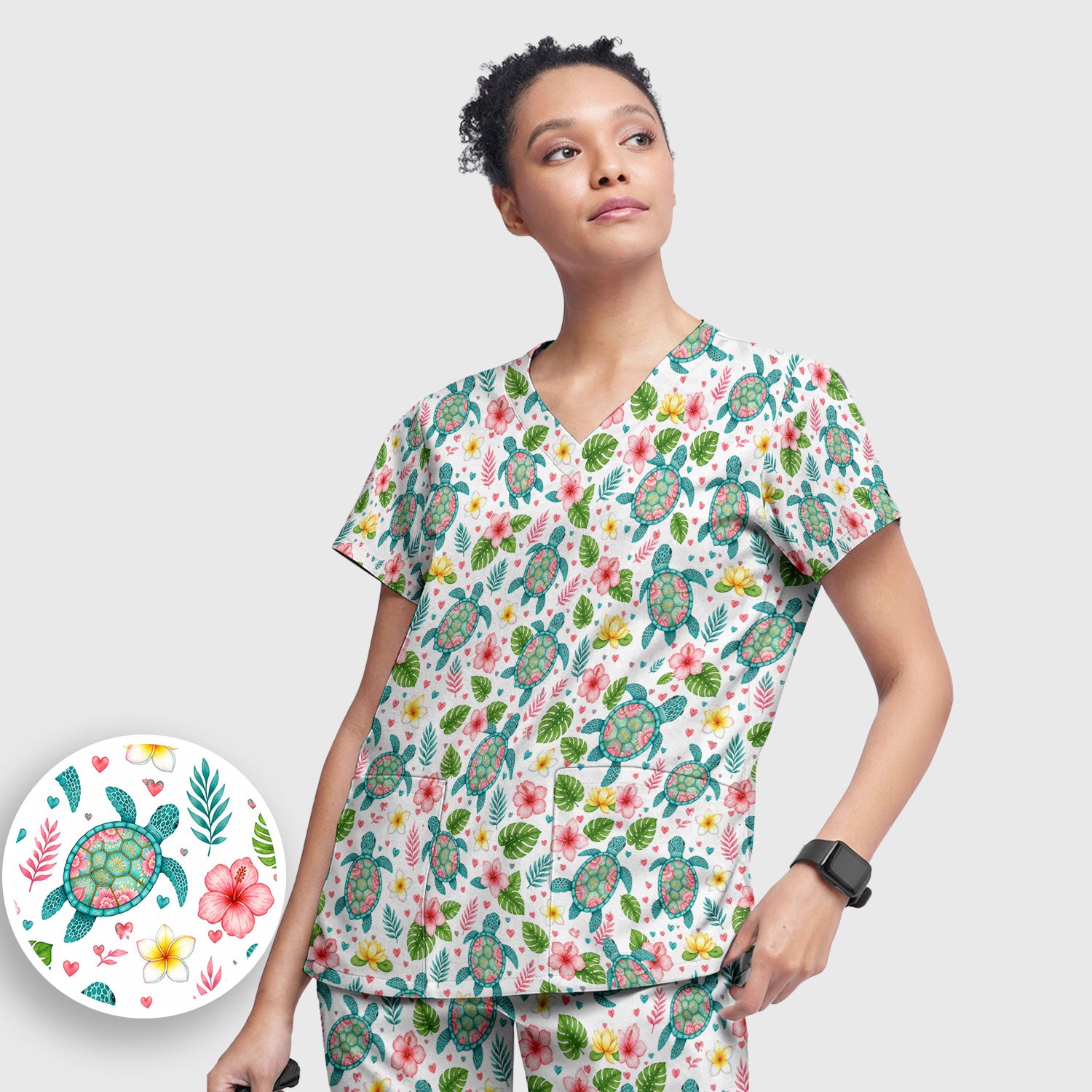 Tropical Sea Turtle Floral Pattern Scrub Set, Scrub Pants and V Neck Top