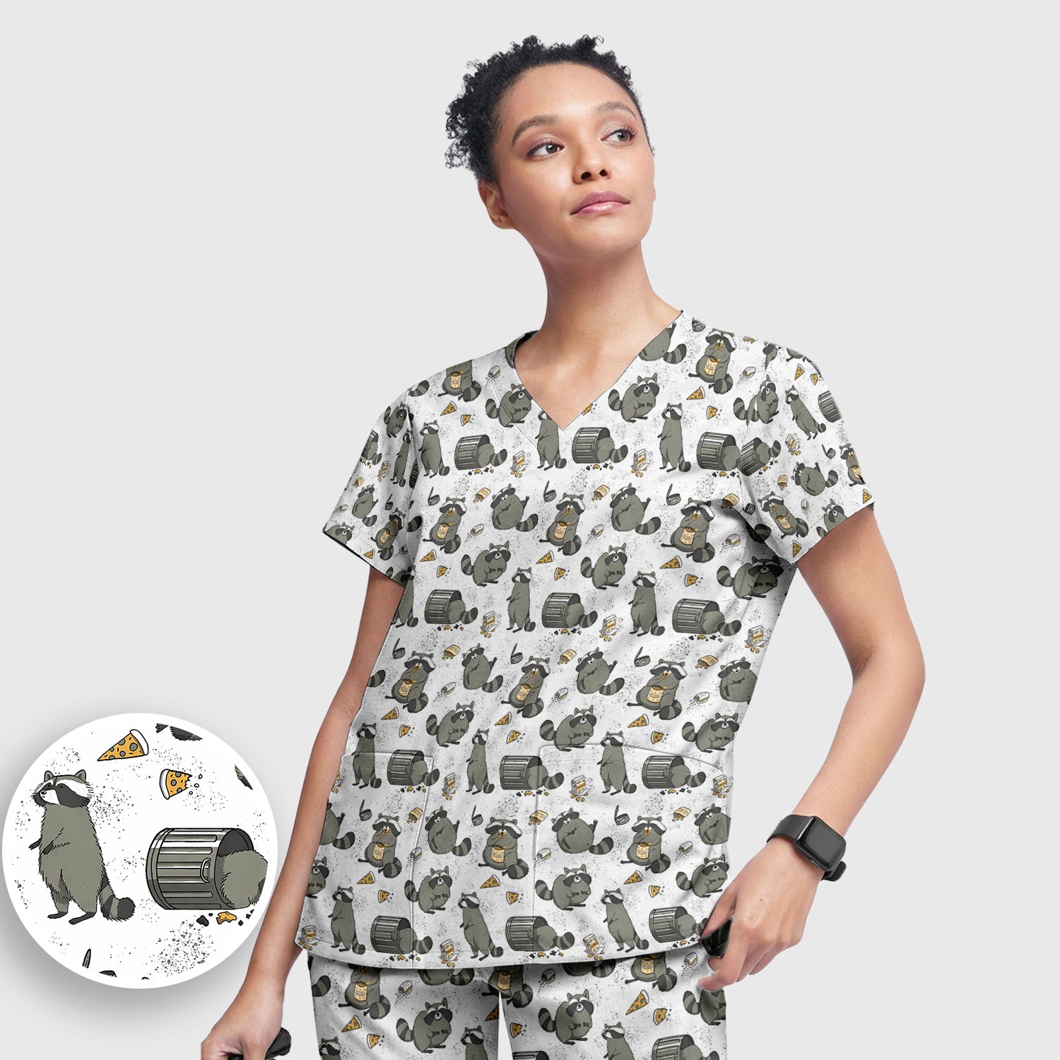 Raccoon Snack And Trash Can Pattern Scrub Set, Breathable Med Uniform