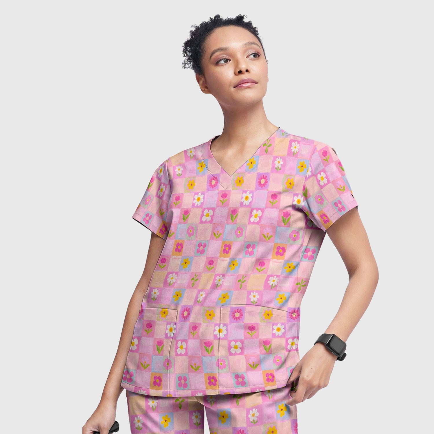 Colorful Mixed Flowers Pattern Scrubs Sets, Breathable Med Uniform