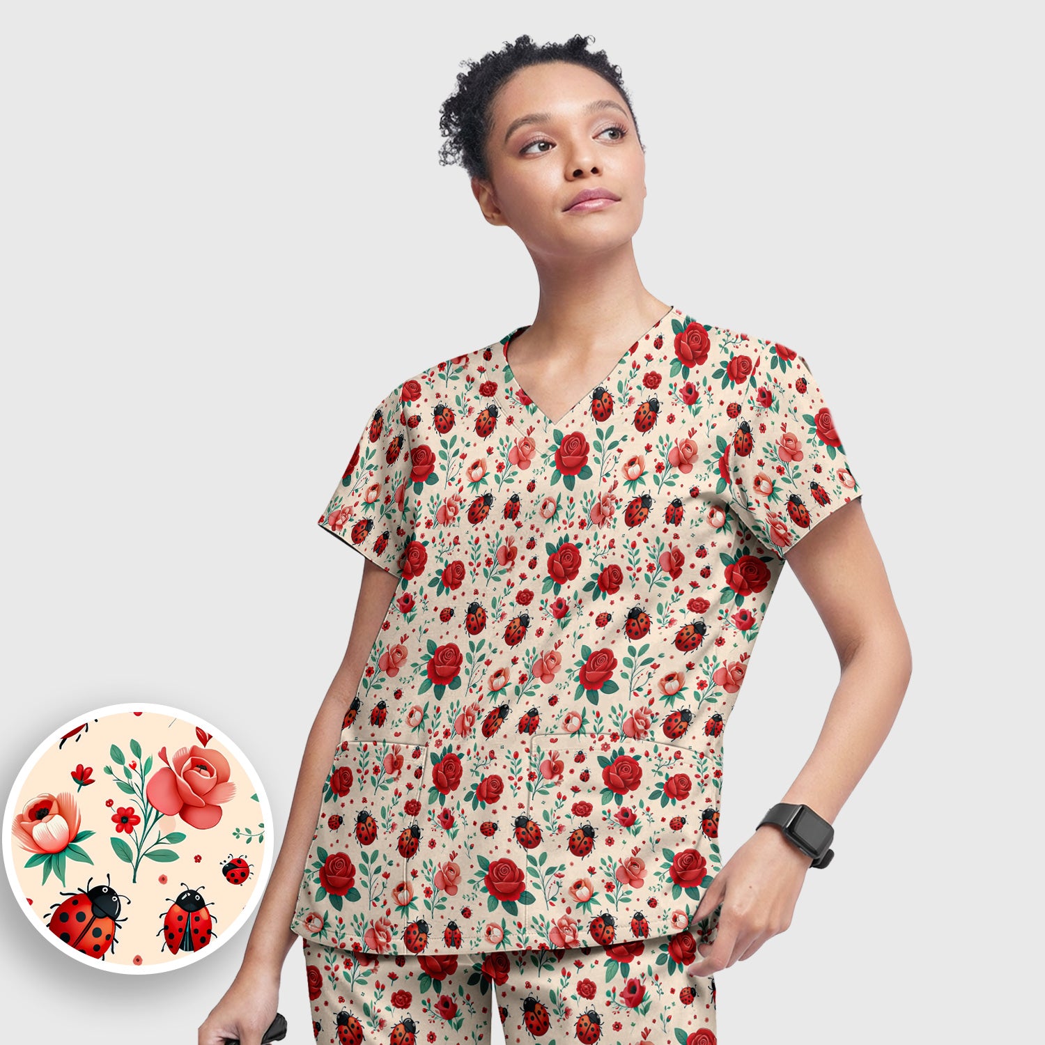 Cute Ladybug Red Rose Floral Pattern Scrub Set, Women's Scrub Sets