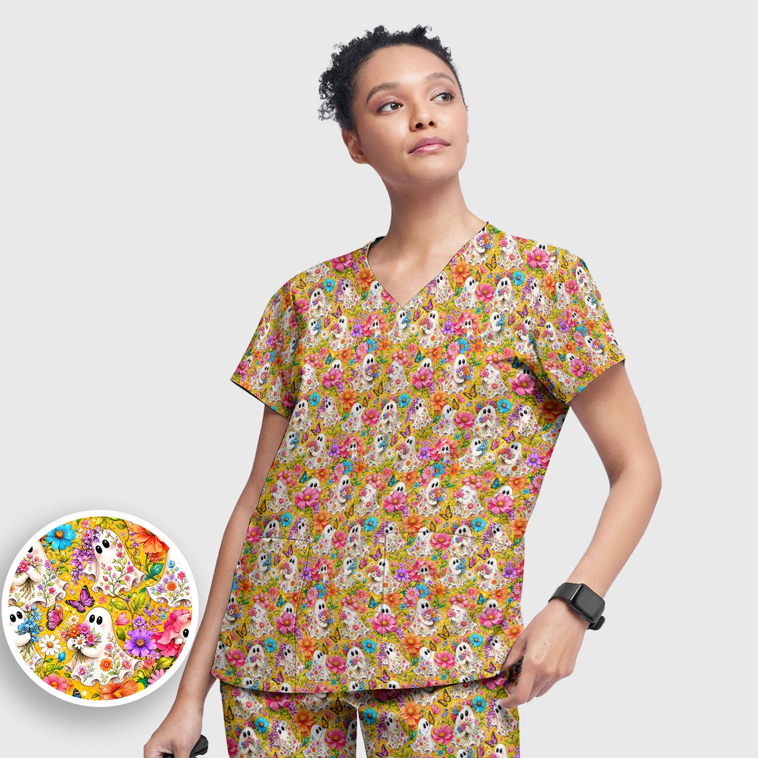 Cute Floral Ghosts And Butterflies Scrub Set, Scrub Pants and V Neck Top