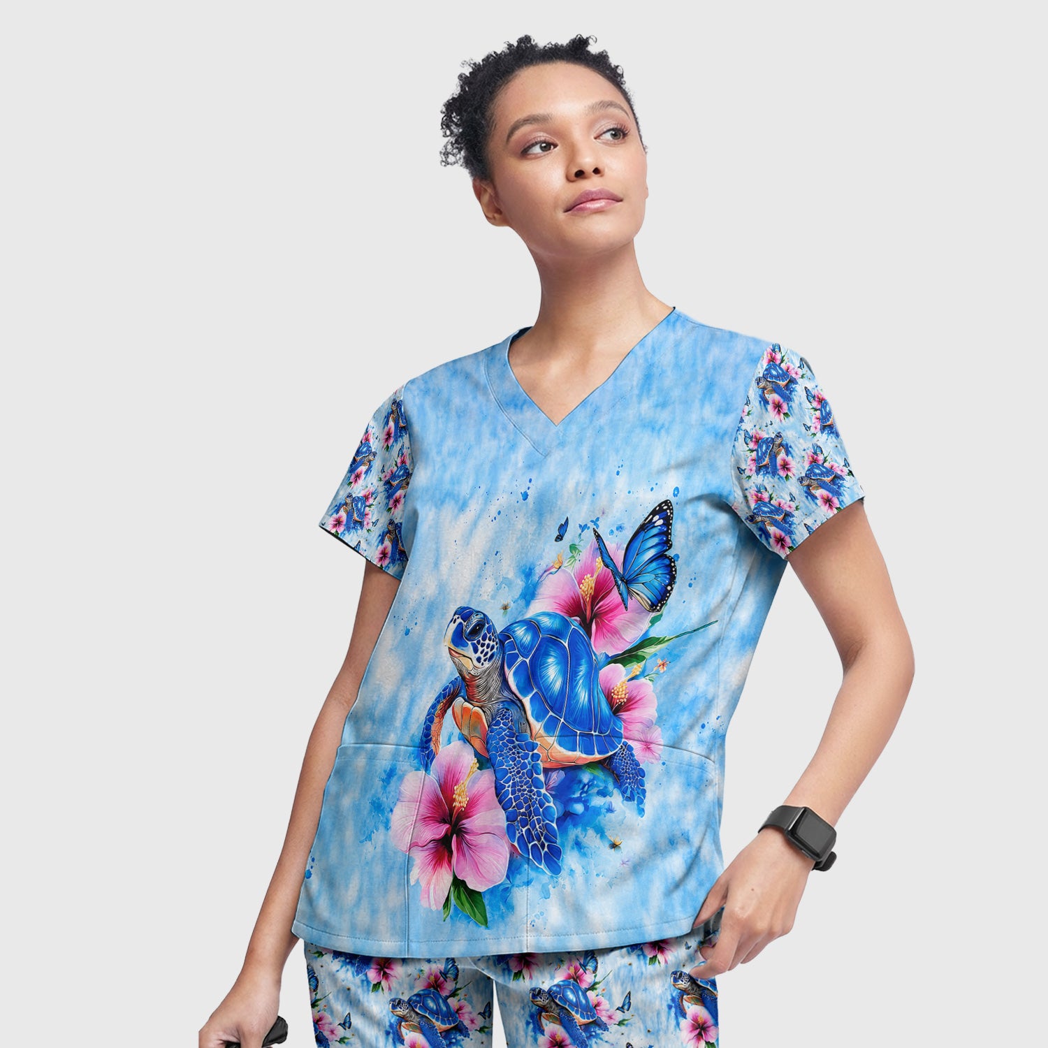 Blue Sea Turtle Hibiscus Butterfly Print Scrub Set, Scrub Pants and V Neck Top