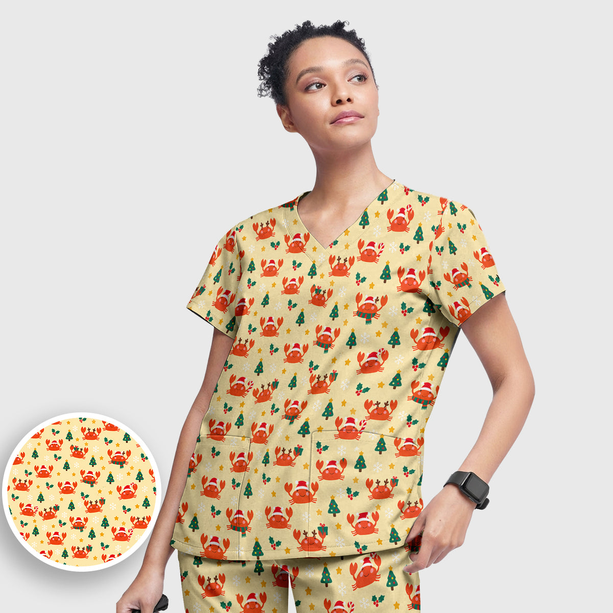 Christmas Crabs And Trees Pattern Scrub Set, Scrub Pants and V Neck Top