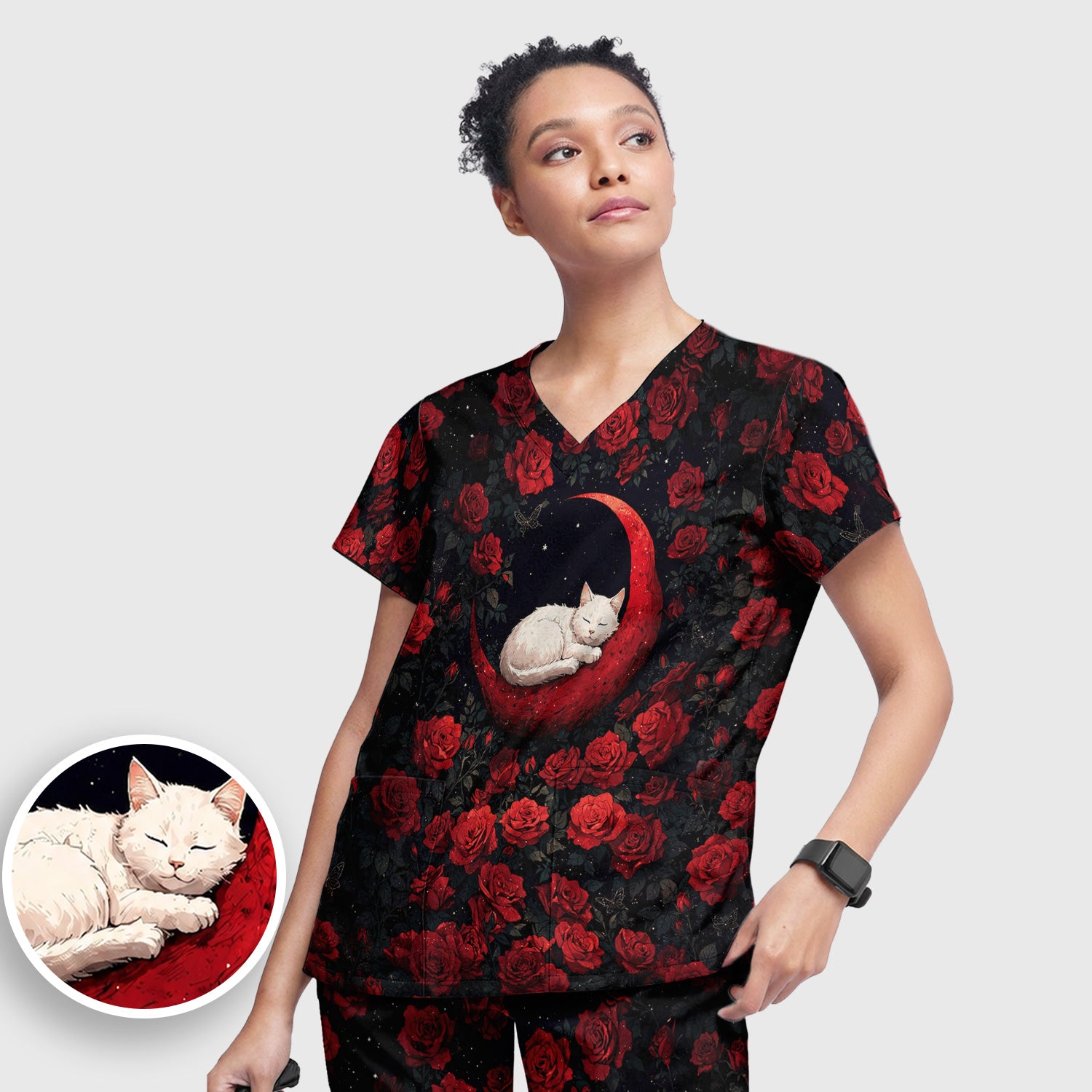 Gothic Red Moon Cat Nurse for Veterinary Staff, RN, CNA, Rose Medical Scrub Set, Scrub Pants and V Neck Top