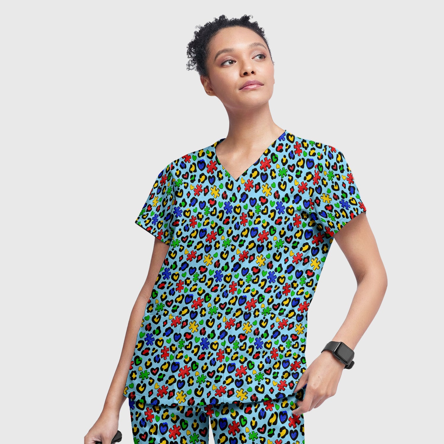 Puzzle Piece Heart Pattern Scrub Set, V Neck Top with Matching Scrub Pants