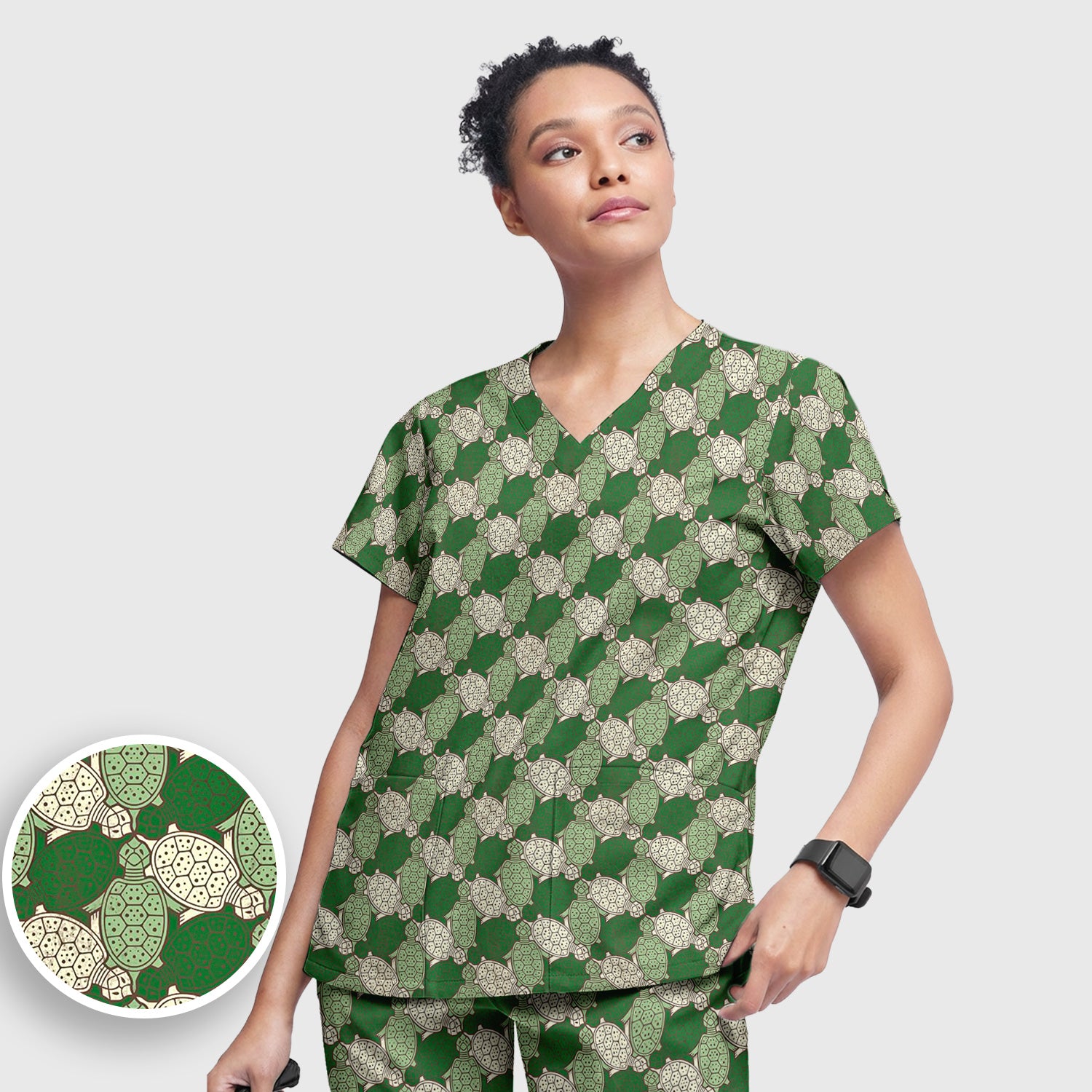 Green Sea Turtle Shell Pattern Scrub Set, Scrub Pants and V Neck Top