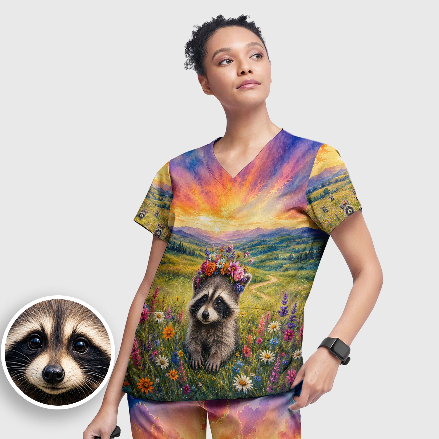 Floral Raccoon Meadow Veterinary Nurse Pattern Scrub Set, Scrub Pants and V Neck Top