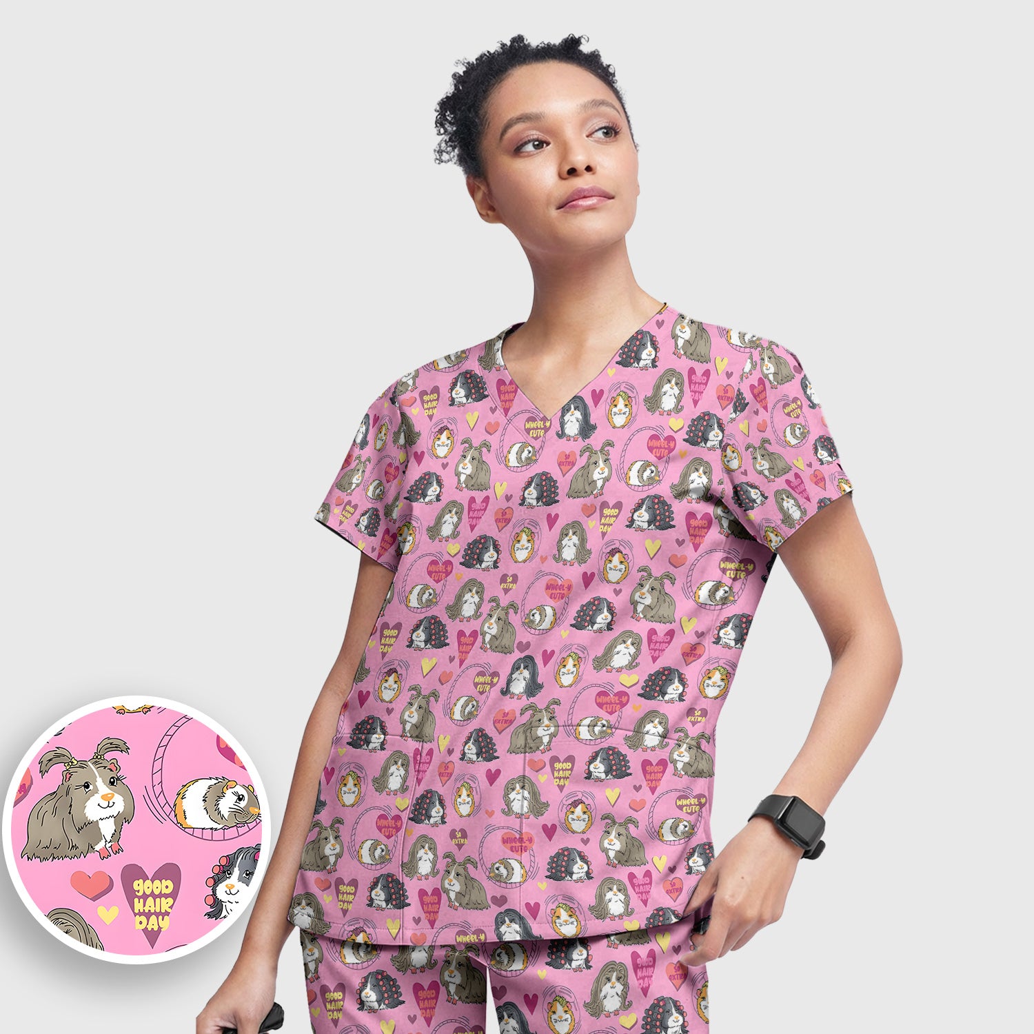 Cute Guinea Pig Heart Pattern Scrub Set, Scrub Pants and V Neck Top