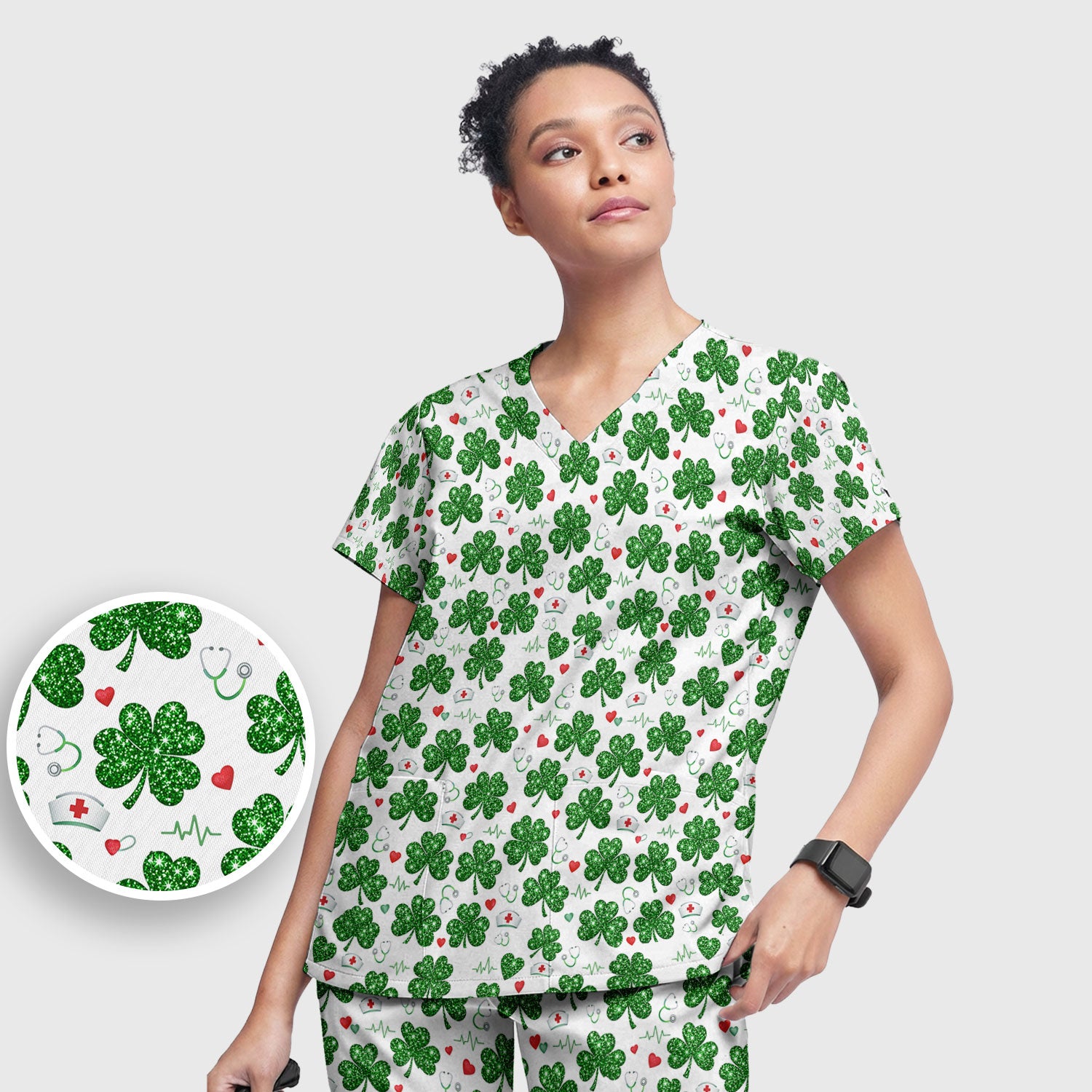 St. Patrick’s Day Nurse Scrub Set, Green Clover Medical Pattern Shirt, Breathable Fabrics Nursing Uniform