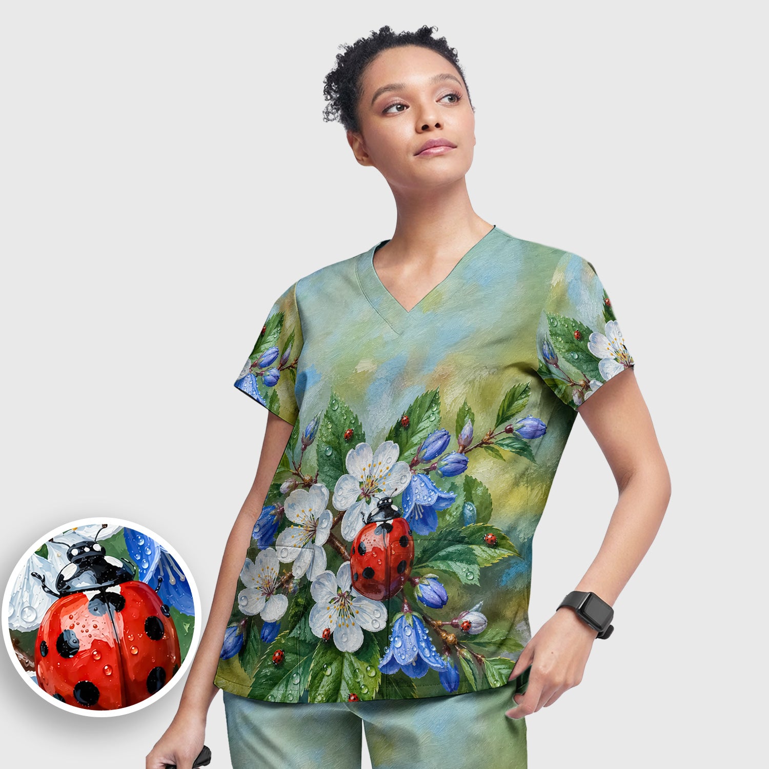 Cute Ladybug Blossom Garden Pattern Scrub Set, Scrub Pants and V Neck Top