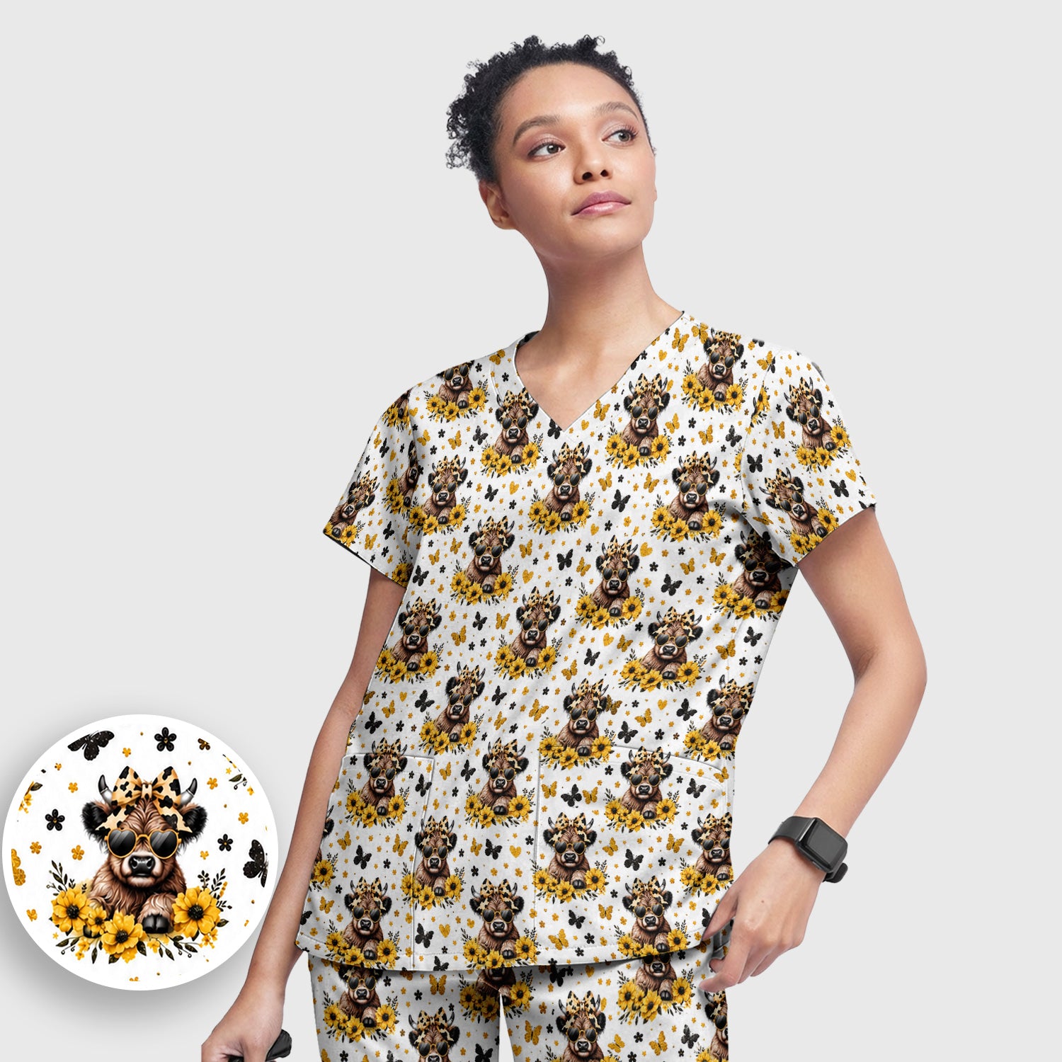 Sassy Highland Cow Sunflower Pattern Scrub Set, Scrub Pants and V Neck Top