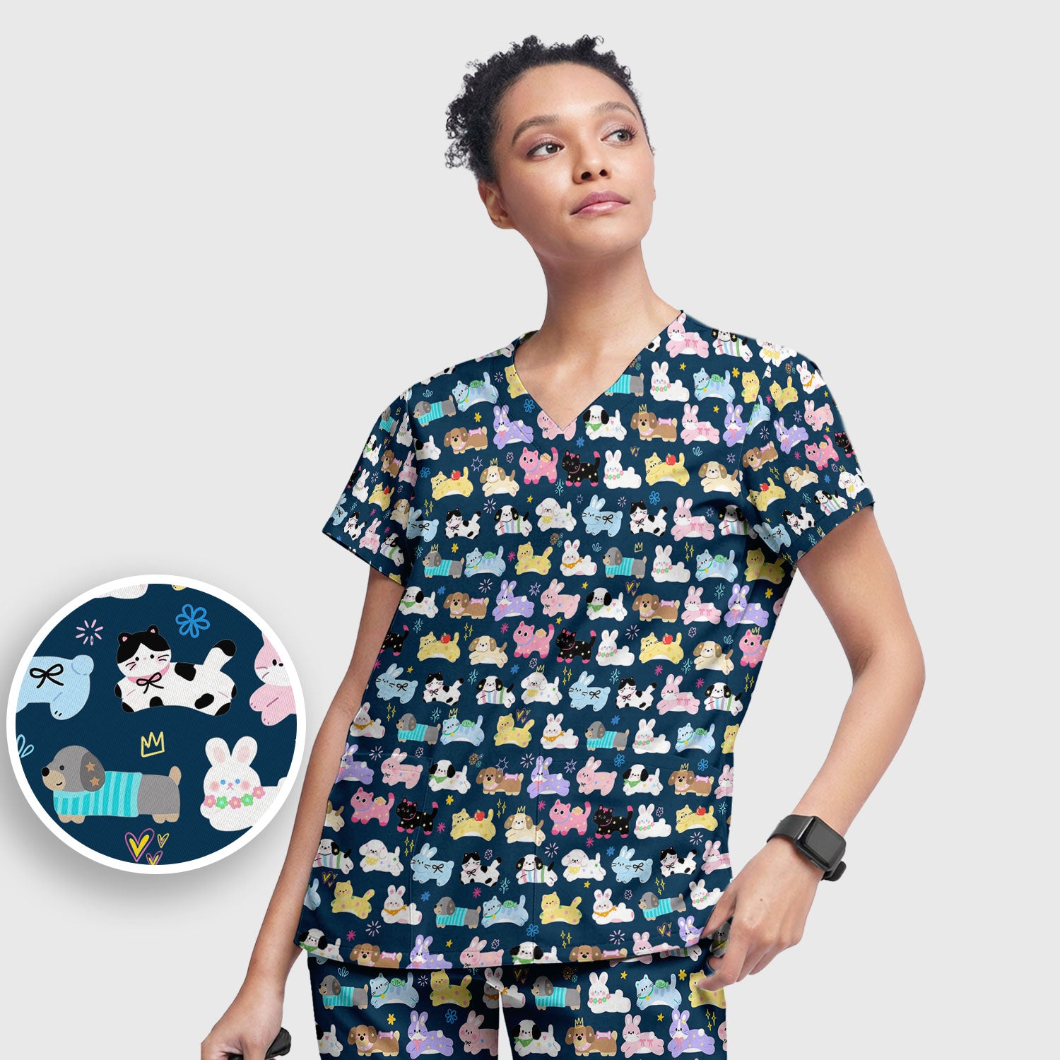 Cute Kawaii Animal Pattern Scrub Set, Scrub Pants and V Neck Top