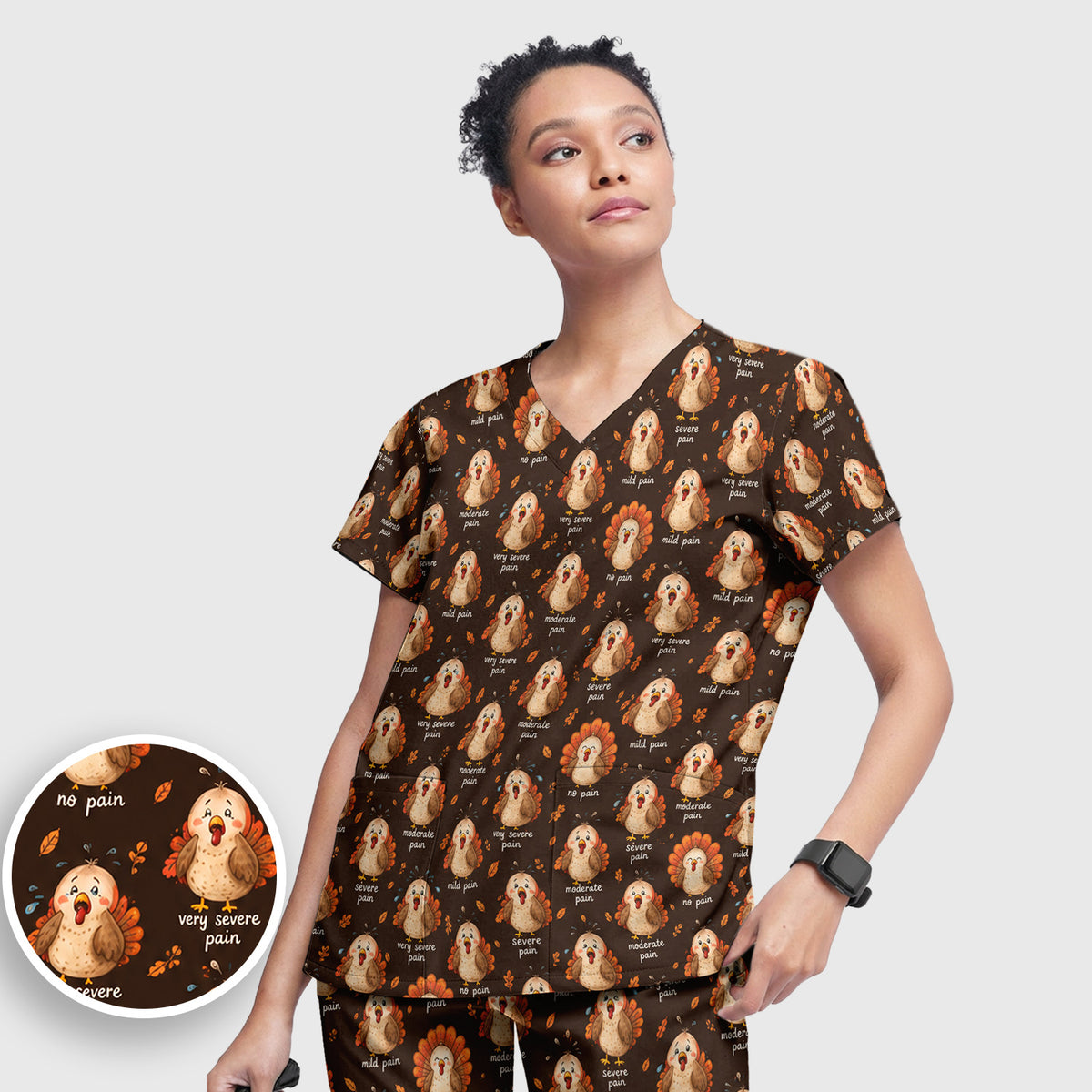 Funny Thanksgiving Turkey Pain Scale Pattern Scrub Set, Scrub Pants and V Neck Top