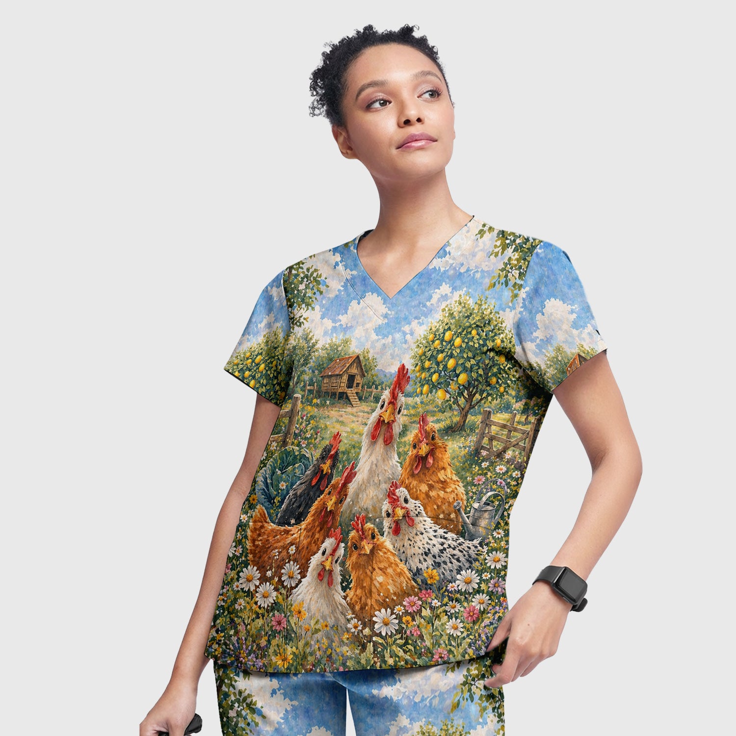 Rustic Chicken Family Farm Garden Pattern Nurse Scrub Set, Scrub Pants and V Neck Top