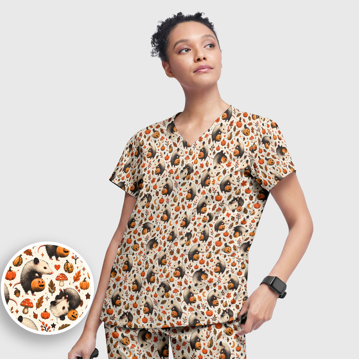 Halloween Opossum Pumpkin Patch Pattern Scrub Set, Scrub Pants and V Neck Top