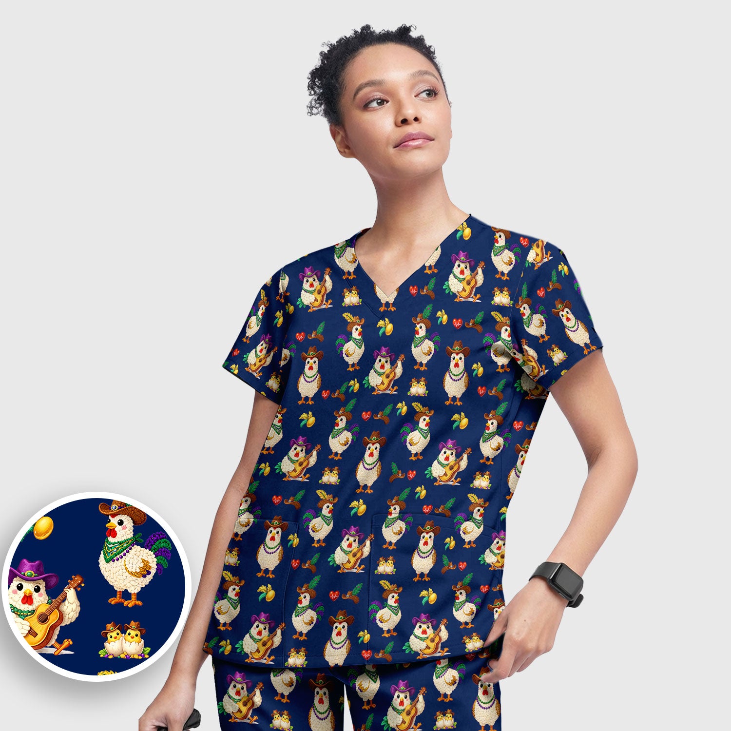 Funny Mardi Gras Rooster Cowboy Print Set, Women's Scrub Sets