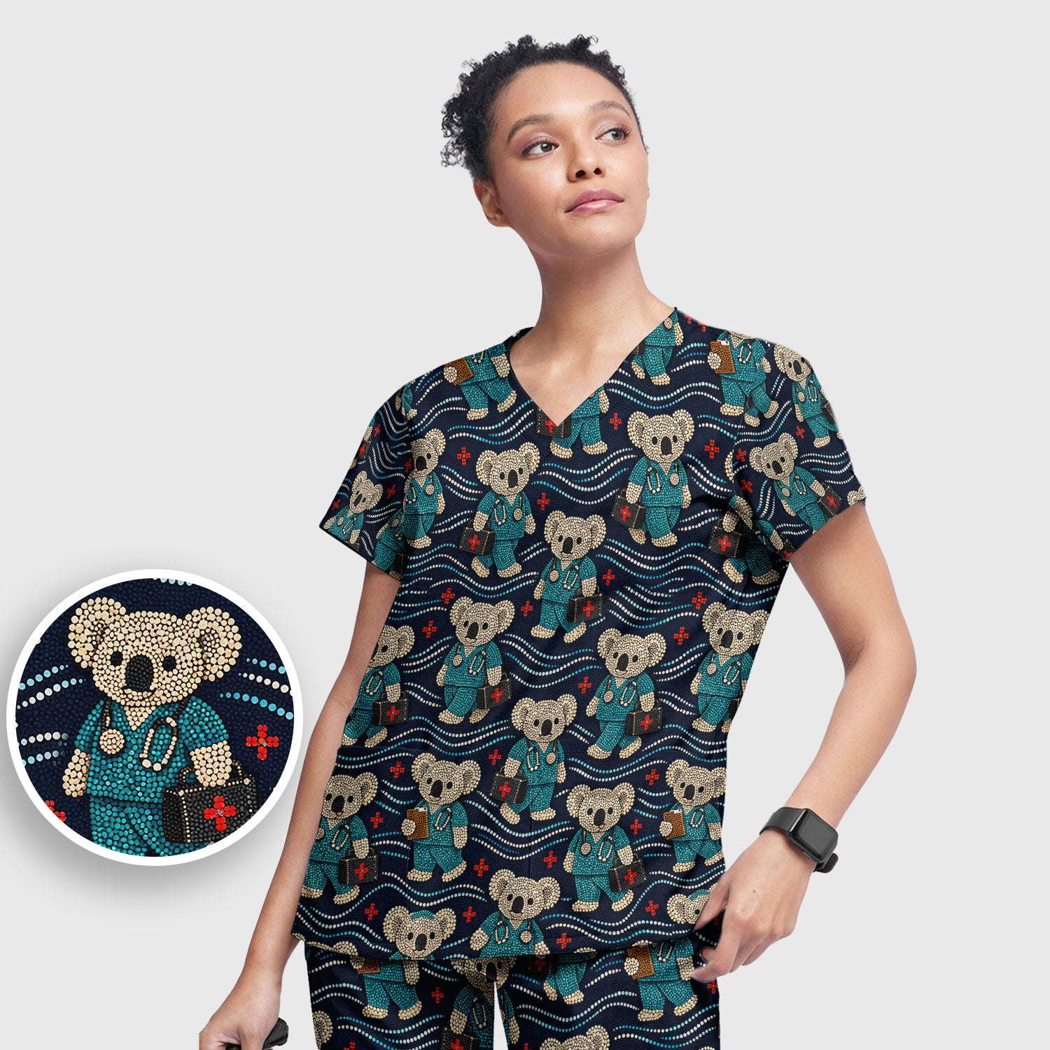 Aboriginal Dot Art Pattern Nurse Scrub Set, Koala Medical Shirt For Women, Breathable Fabrics Nursing Uniform