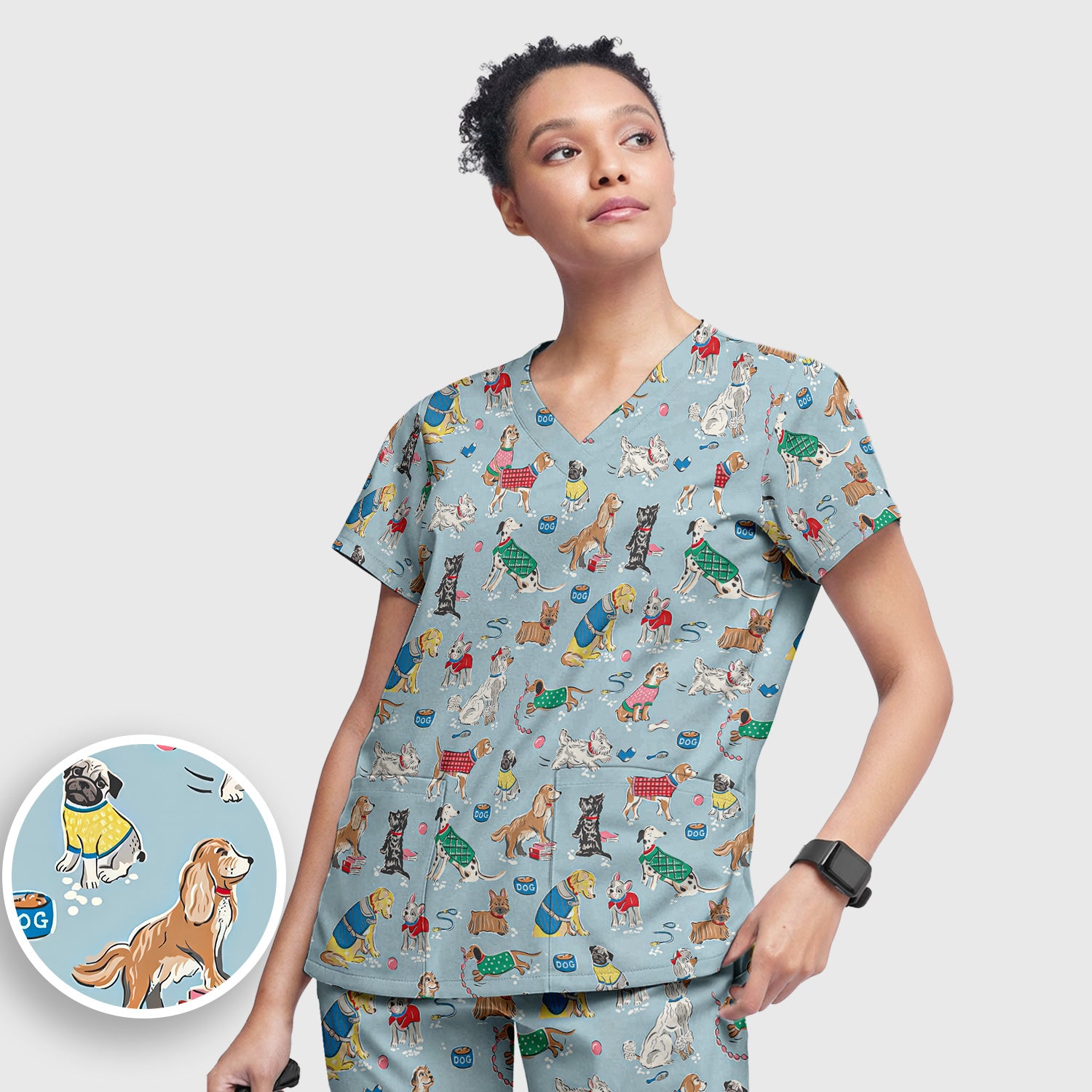 Cute Dog Wearing Sweater Playing Ball Pattern Scrub Set, Scrub Pants and V Neck Top