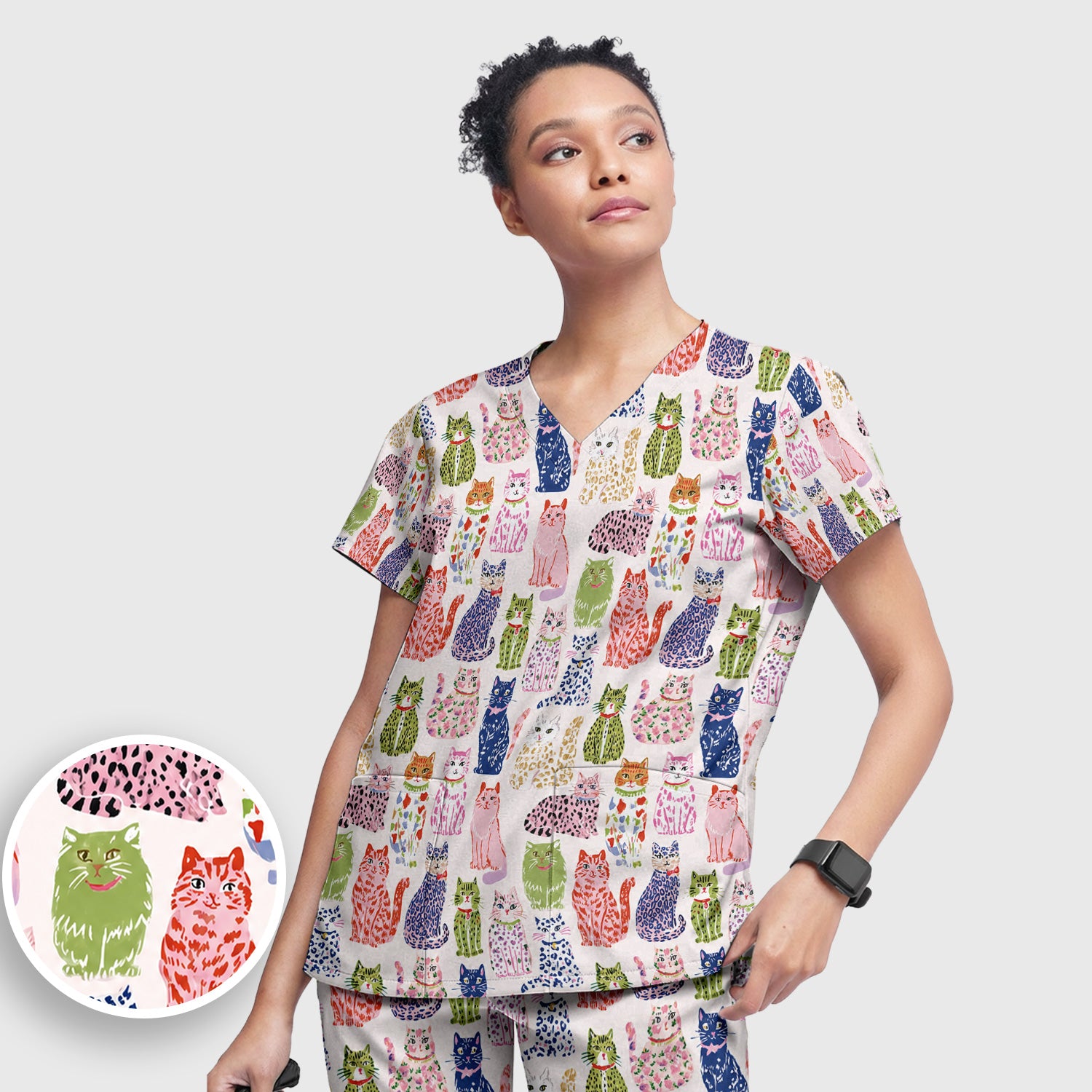 Colorful Cat with Playful Pet Scrub Set, Scrub Pants and V Neck Top