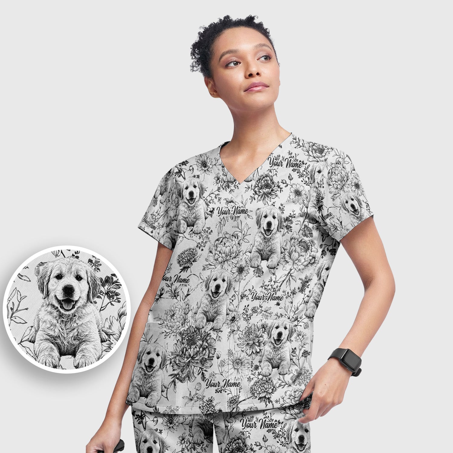 Personalized Custom Pet Photo Name Floral Pattern Scrub Set, Scrub Pants and V Neck Top