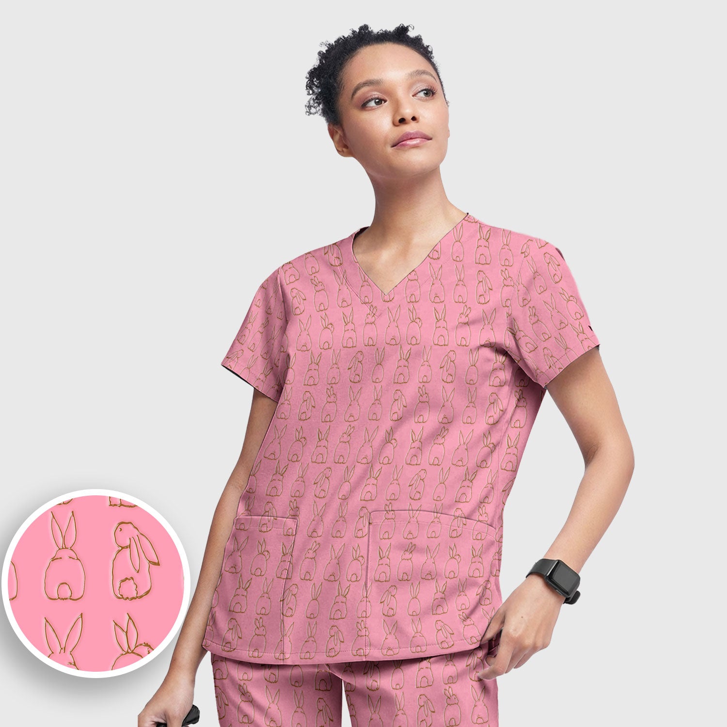 Cartoon Bunny Line Art Pattern Medical Scrub Set, Breathable Med Uniform