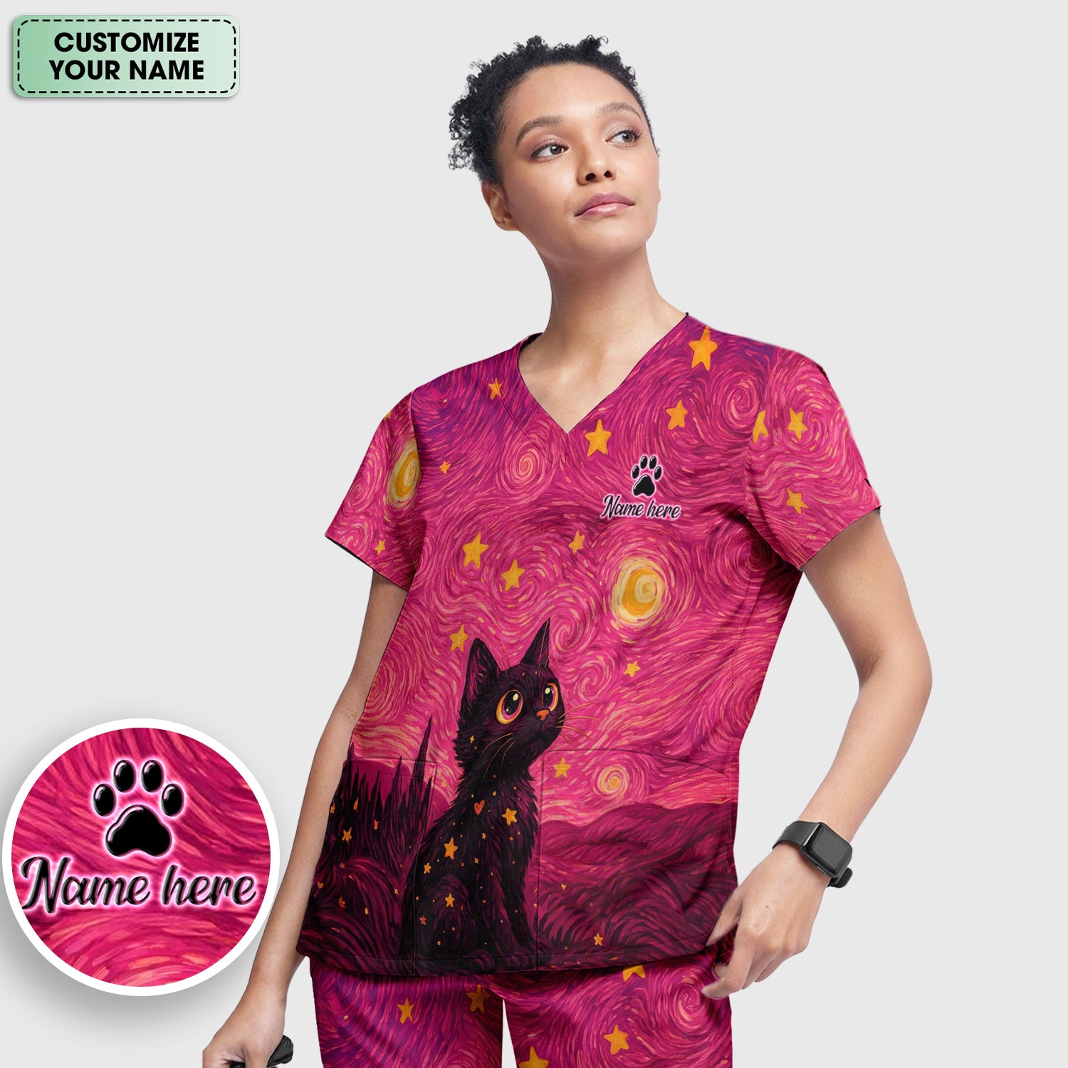 Personalized Black Cat Galaxy Star Swirl Pattern Scrub Set, Scrub Pants and V Neck Top