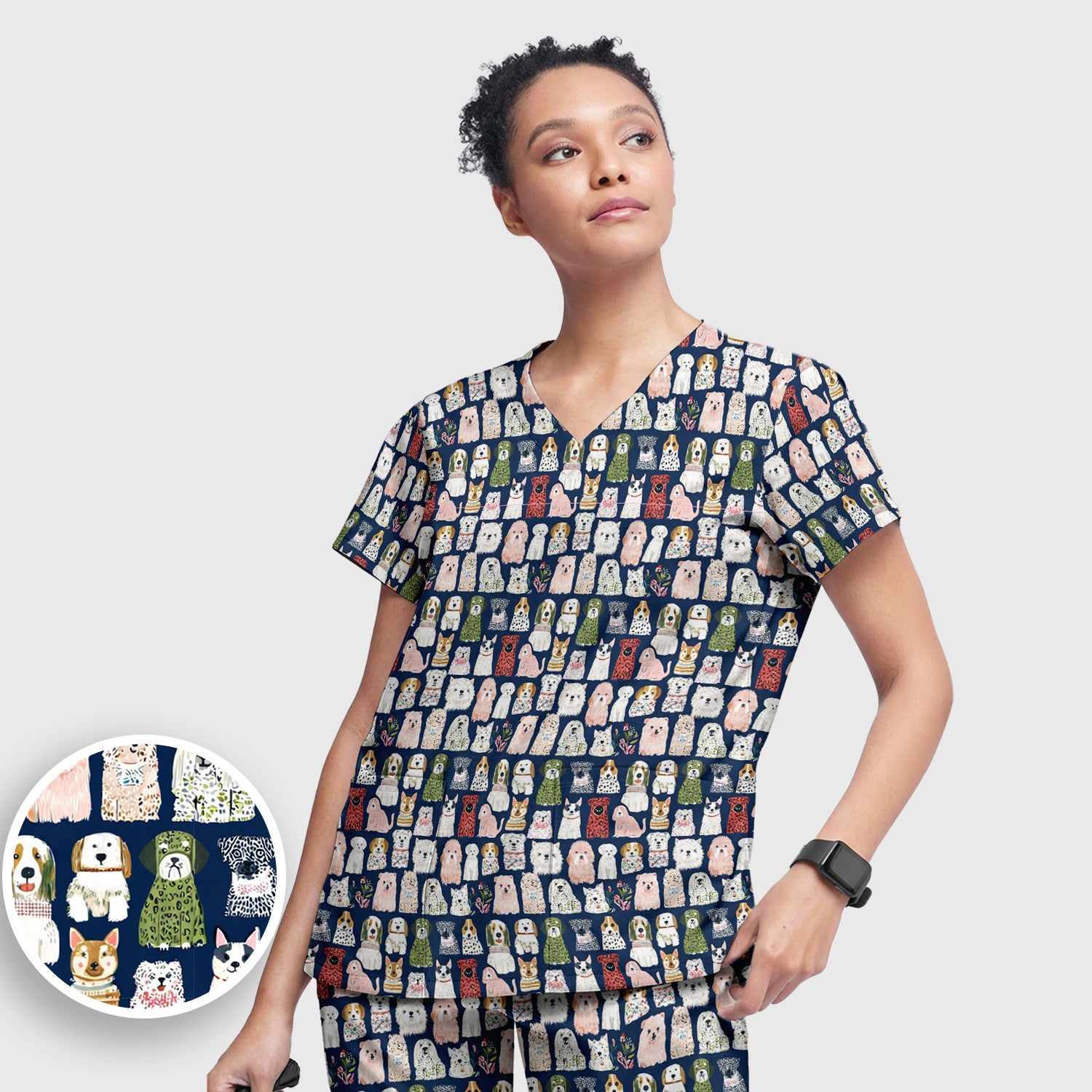 Cute Cartoon Dog Breeds Pattern Scrub Set, Breathable Med Uniform