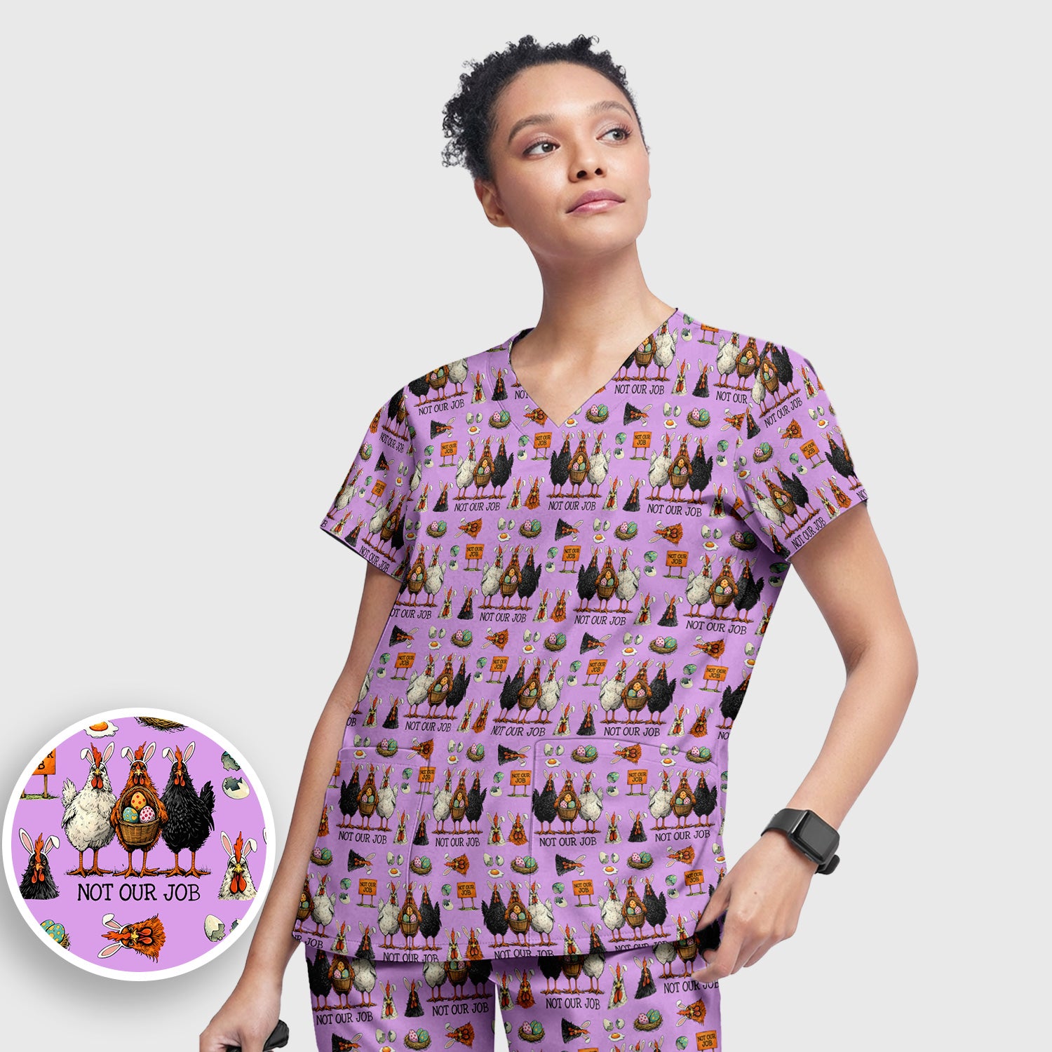 Funny Easter Chicken Humor Pattern Scrub Set, Scrub Pants and V Neck Top