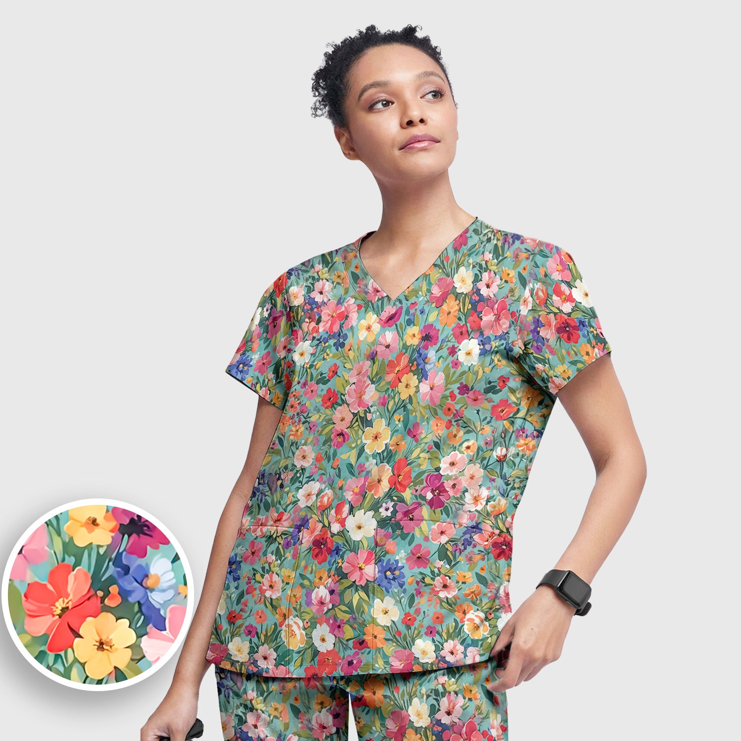 Colorful Wildflower Garden Bloom Scrub Set, Scrub Pants and V Neck Top