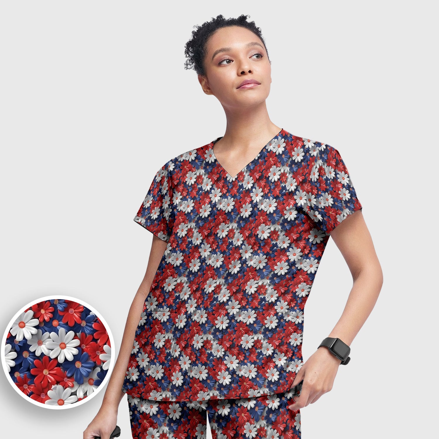 Festive Patriotic Daisy Bloom Pattern Scrub Set, Scrub Pants and V Neck Top