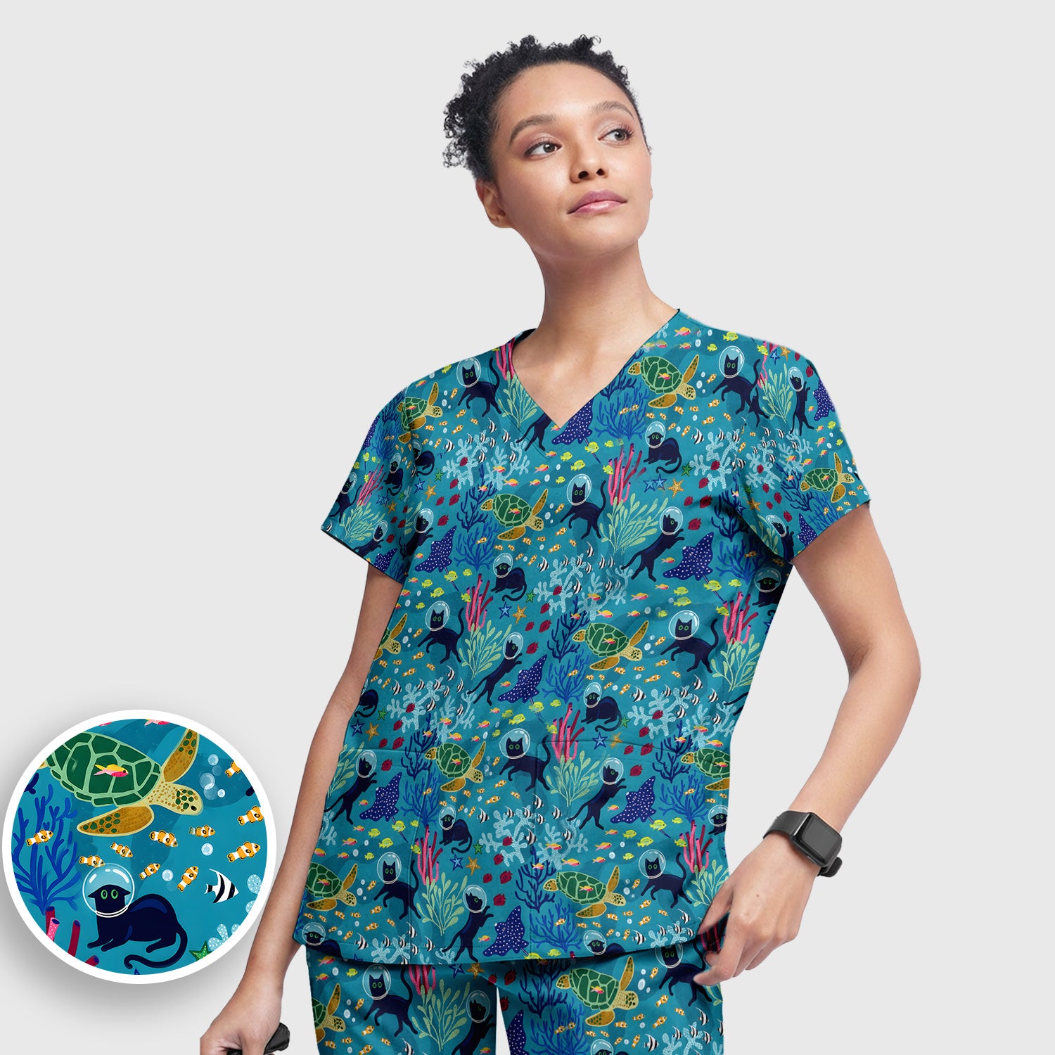 Underwater Cat Turtle Veterinary Pattern Scrub Set, Scrub Pants and V Neck Top