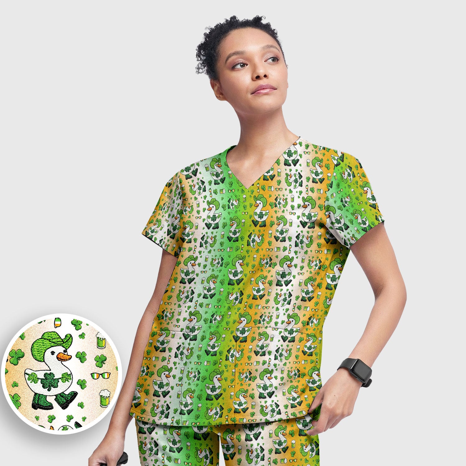 St. Patrick Goose Shamrock Medical Pattern Scrub Set, Breathable Med Uniform