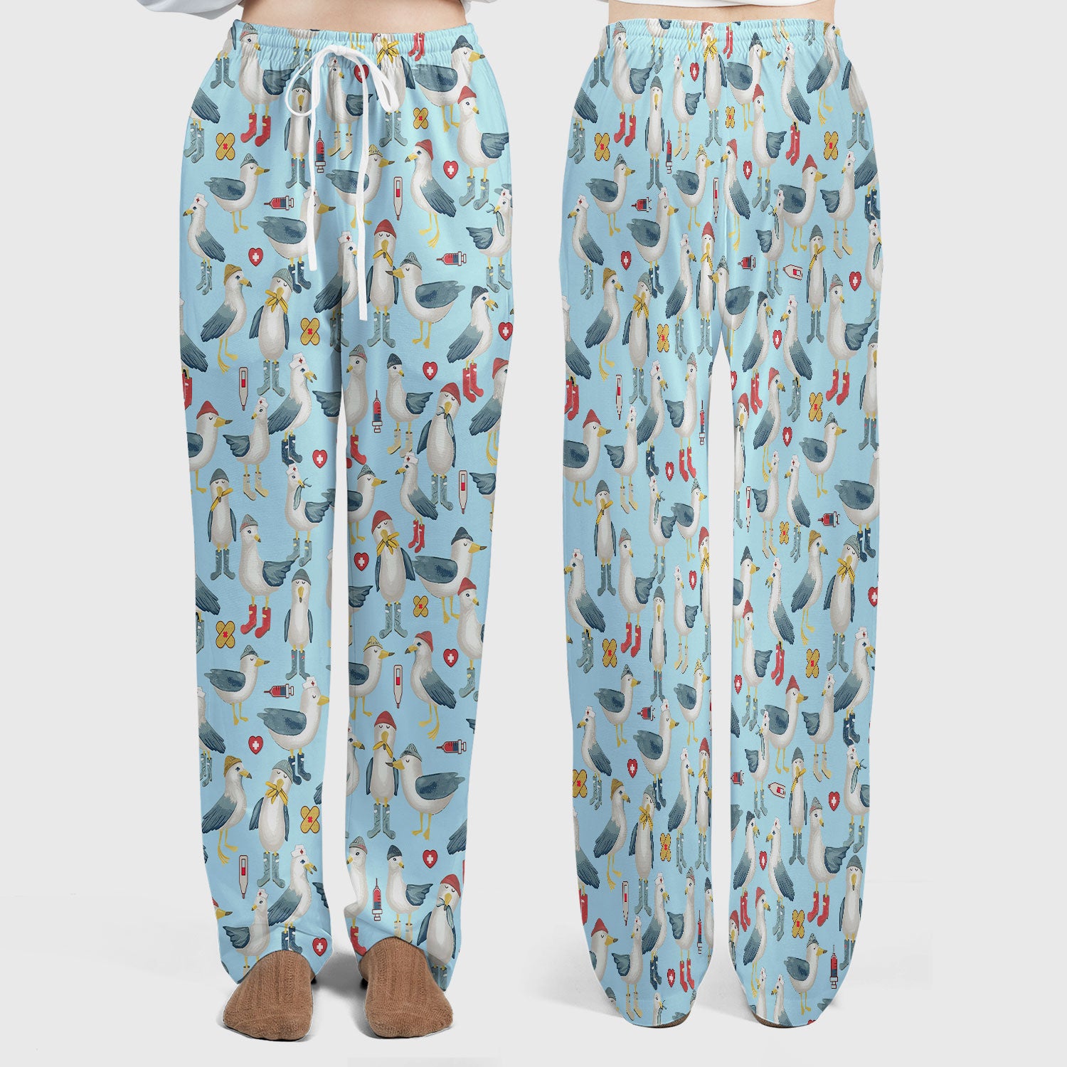 Funny Seagull Nurse Scrub Set - Cute Bird with Medical Icons Scrubs Pants and V Neck Top - Comfortable Scrubs for Women