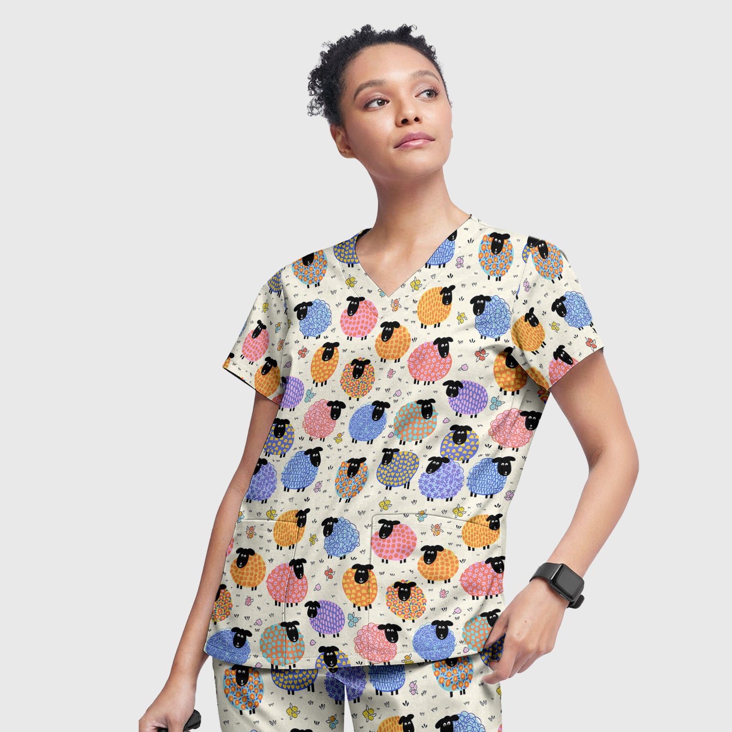 Funny Colorful Sheep Pattern Scrub Set, Scrub Pants and V Neck Top
