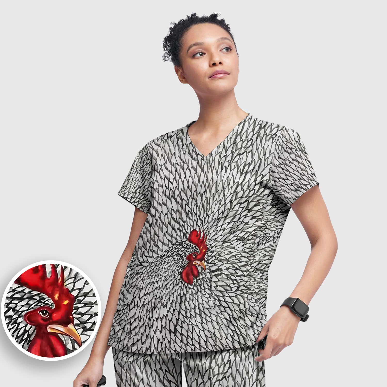Watercolor Rooster Feather Pattern Scrub Set, Scrub Pants and V Neck Top