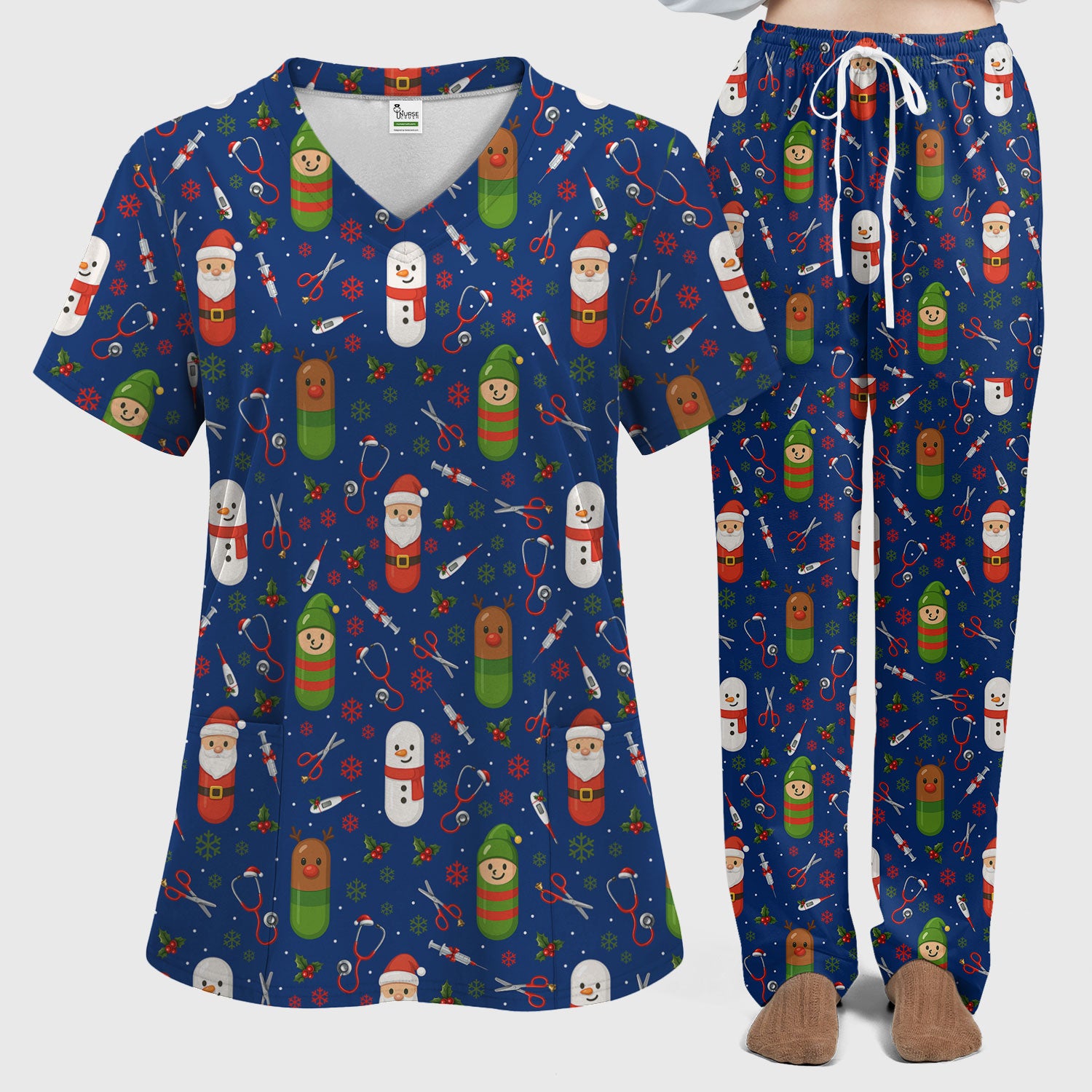 Santa Christmas Scrubs Set - Cute Holiday Pattern with Reindeer and Snowman - Fun Medical Scrub Top and Pants for Women Nurses