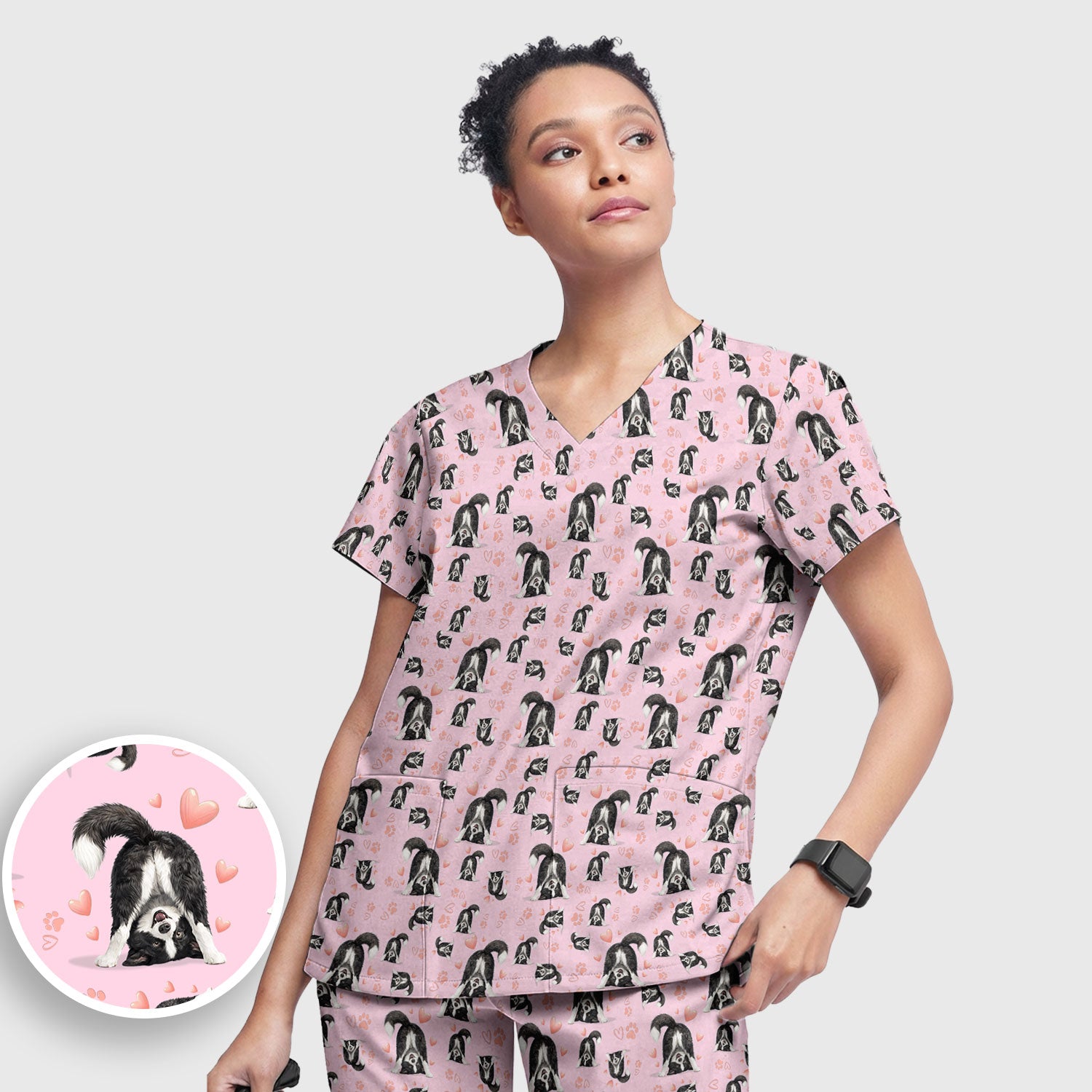 Cute Puppy Heart Medical Pattern Scrub Uniform, Women's Scrub Sets