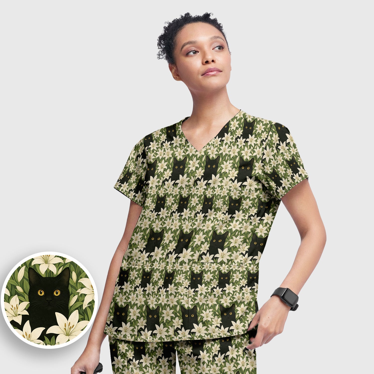Black Cat Hidden In Lily Garden Pattern Scrub Set, Scrub Pants and V Neck Top